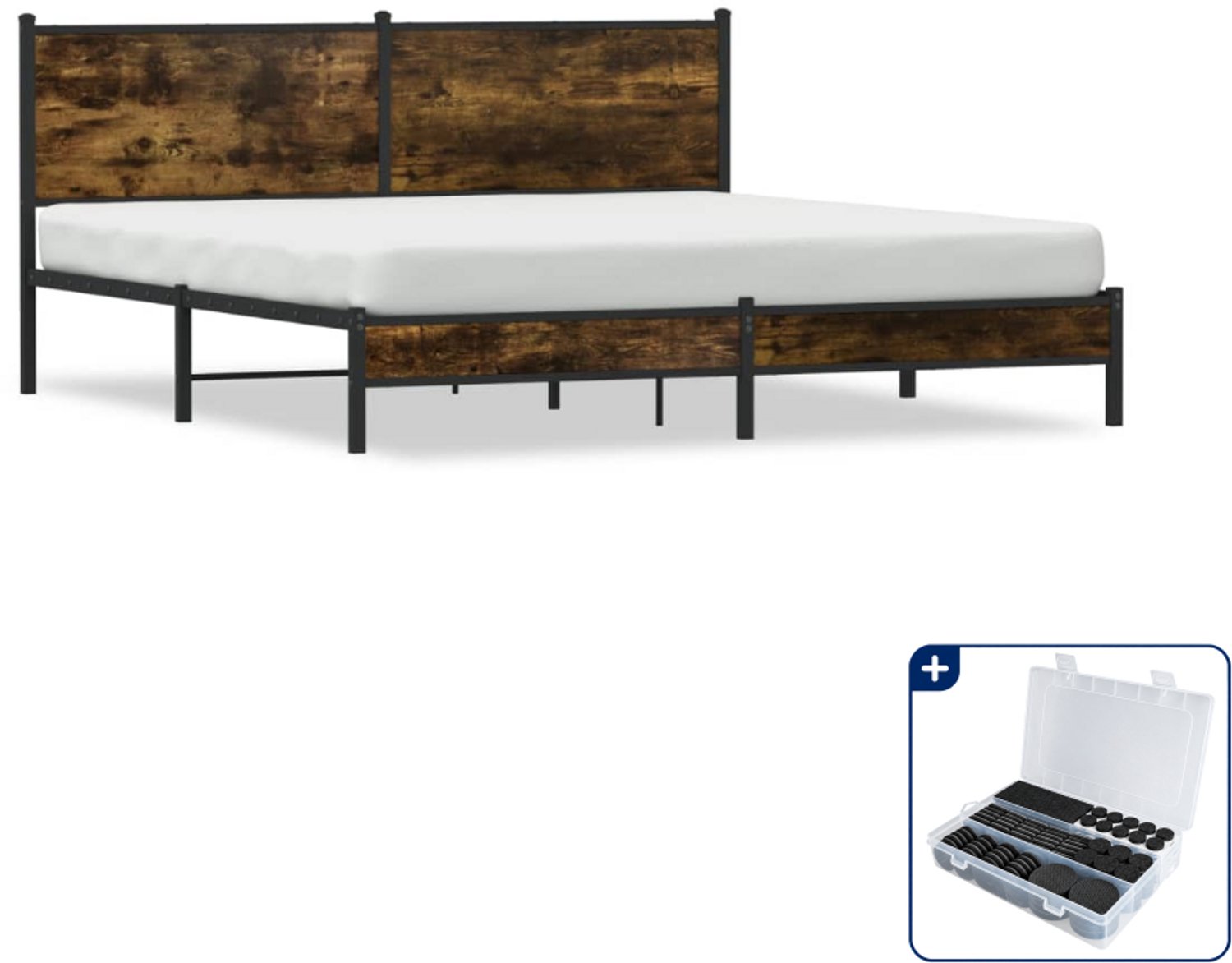 vidaXL Bedframe - 183 x 213 cm - staal en bewerkt hout - gerookt eiken - Inclusief antikrasvilt 177-delig Bruin