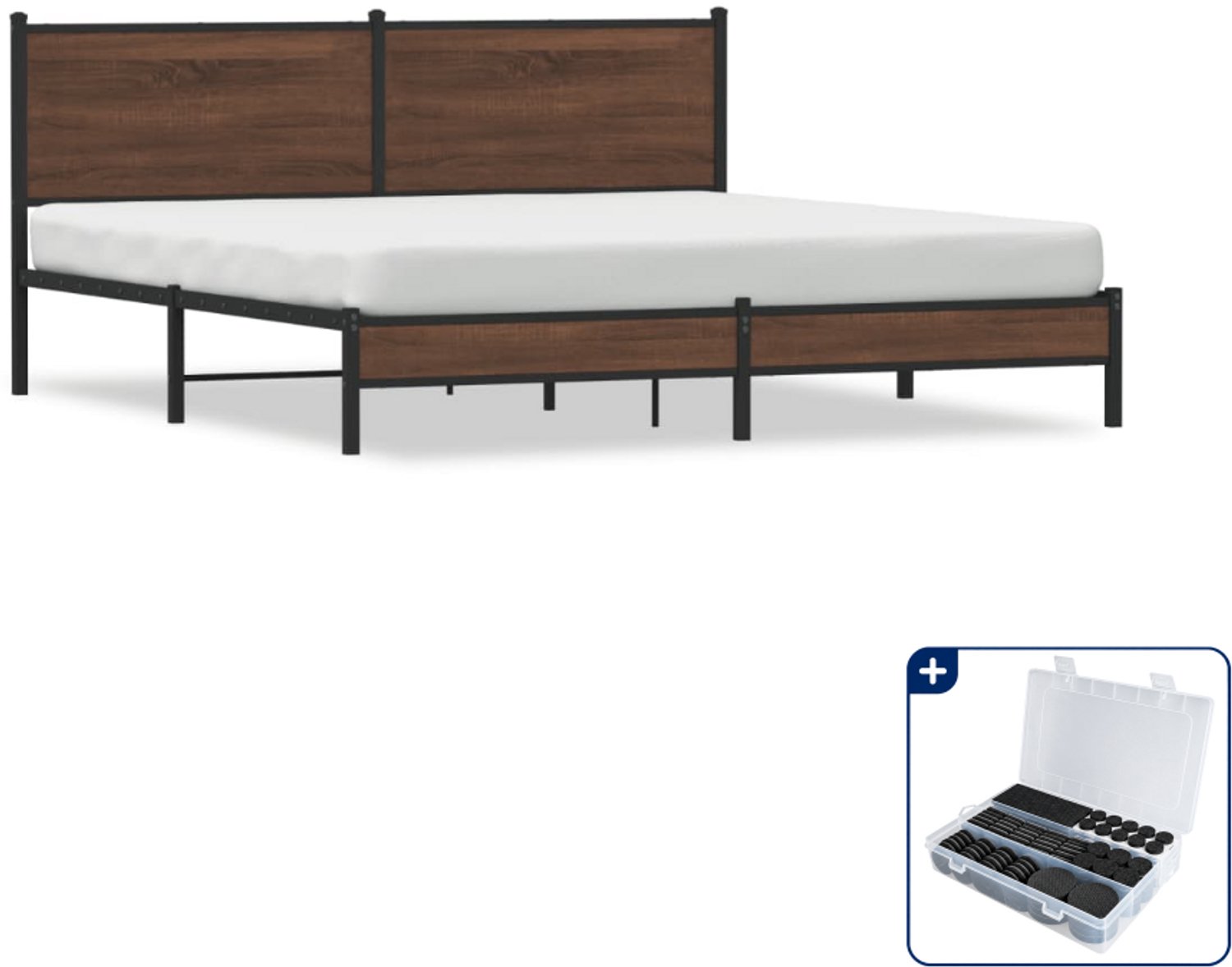 vidaXL bedframe - 183 x 213 cm - staal en bewerkt hout - bruineiken - Inclusief antikrasvilt 177-delig