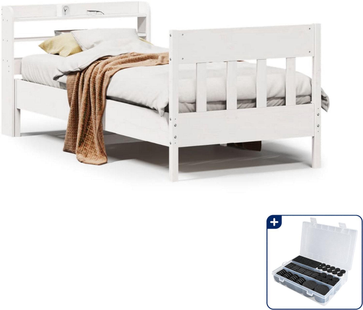 vidaXL bedframe - 75 x 190 cm - massief grenenhout - wit - Inclusief antikrasvilt 177-delig Bruin