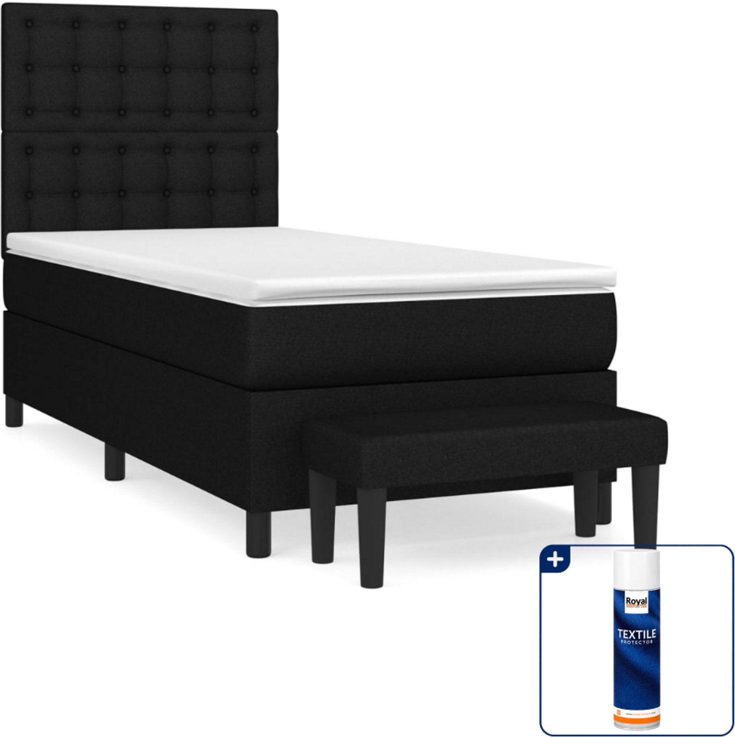 vidaXL boxspring met matras en bankje - 90 x 190 cm - zwart - Inclusief textielbeschermer 500 ml