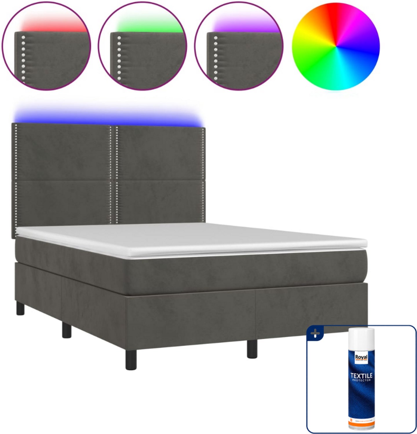 vidaXL boxspring met matras en led - 140 x 190 cm - fluweel - donkergrijs - Inclusief textielbeschermer 500 ml