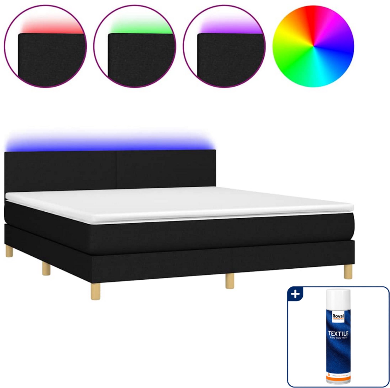 vidaXL Kingsize boxspring met matras en LED - 180 x 200 cm - zwart - Inclusief textielbeschermer 500 ml