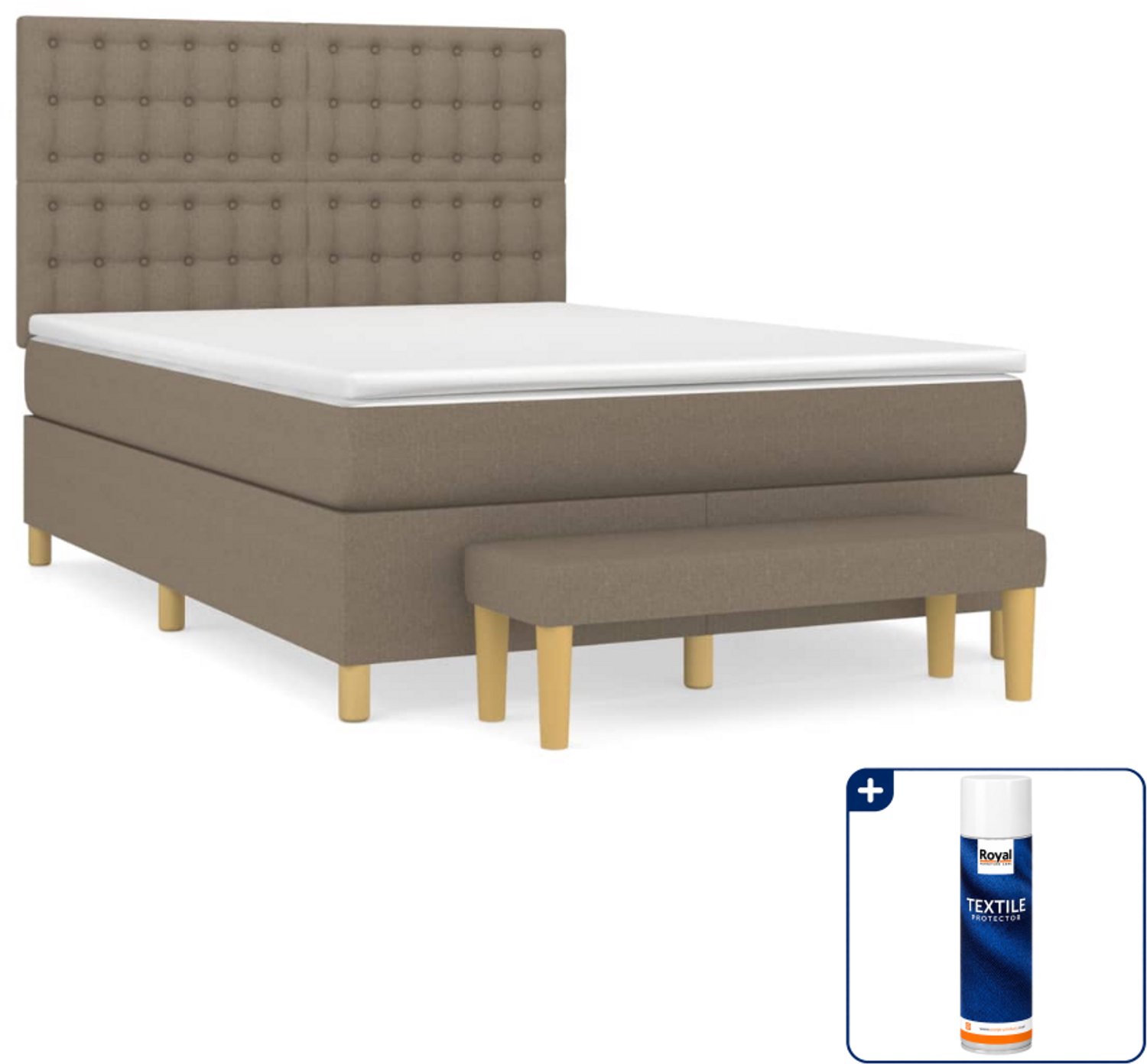 vidaXL boxspring met matras en bankje - 140 x 190 cm - taupe - Inclusief textielbeschermer 500 ml