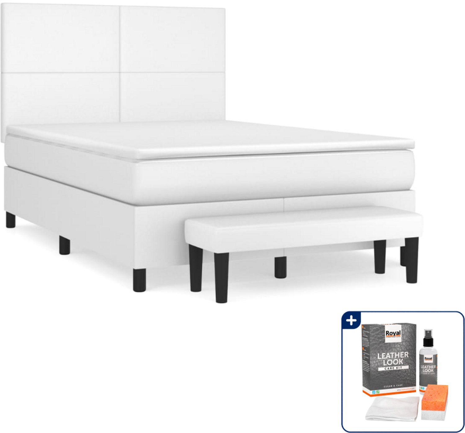 vidaXL boxspringset met matras - 140 x 190 cm - kunstleer - wit - Inclusief onderhoudsset voor kunstleer 150 ml