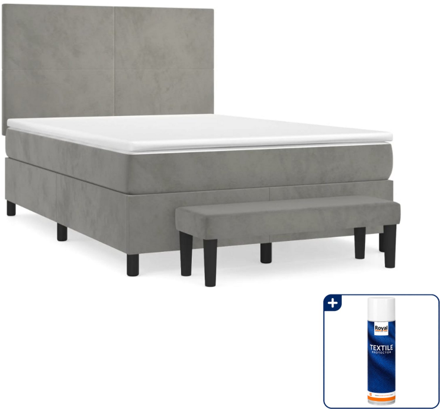 vidaXL boxspring met matras en bankje - 140 x 190 cm - lichtgrijs - Inclusief textielbeschermer 500 ml