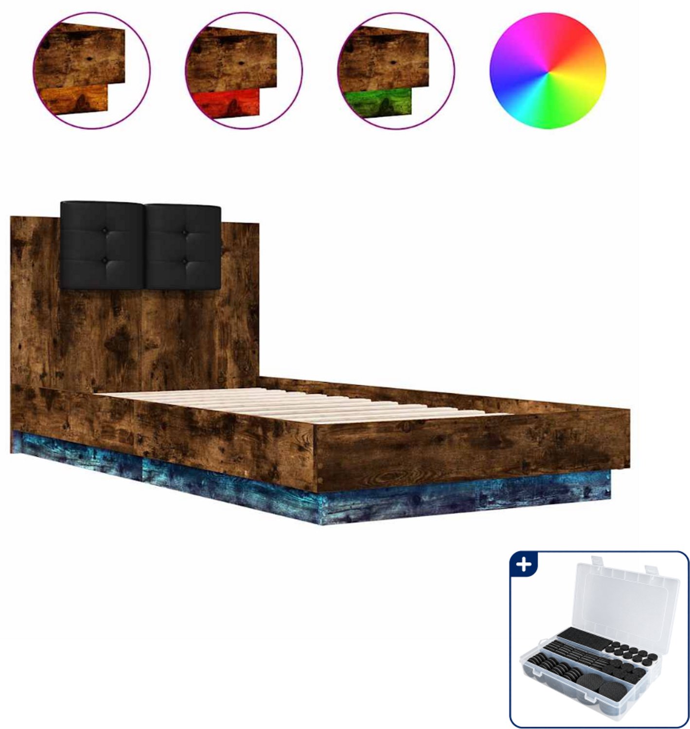 vidaXL bedframe met hoofdbord en LED - 75 x 190 cm - gerookt eiken - Inclusief antikrasvilt 177-delig Grijs