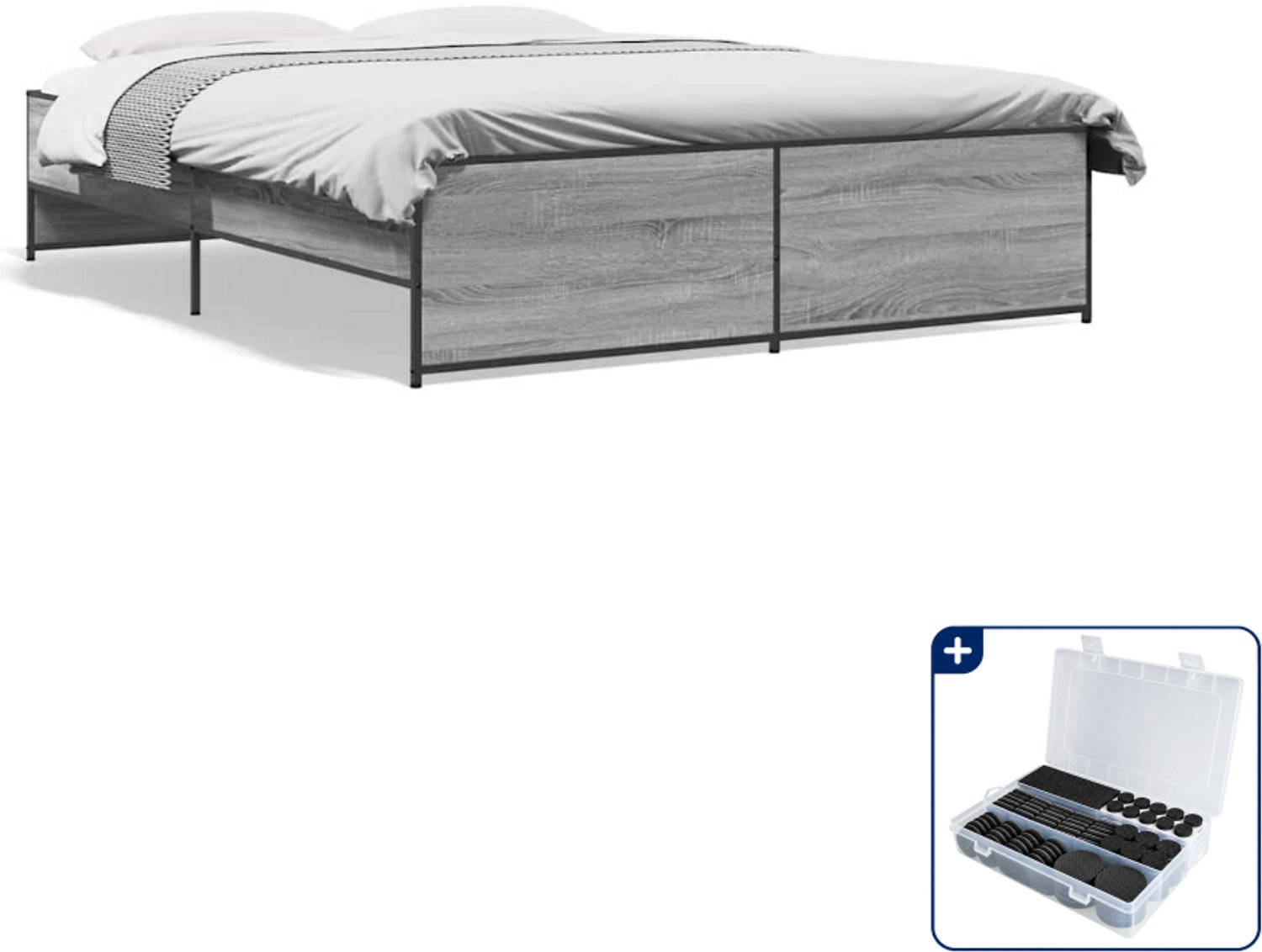vidaXL Bedframe Queensize - 160 x 200 cm - grijs sonoma eiken - Inclusief antikrasvilt 177-delig Bruin