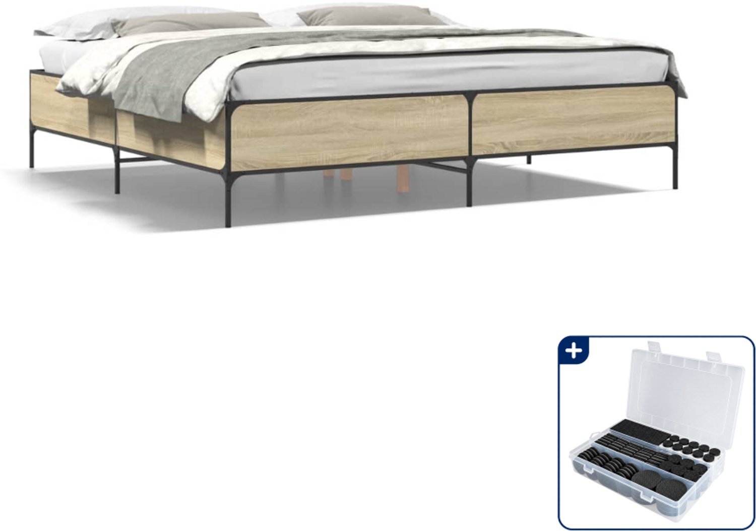 vidaXL Kingsize bedframe 180 x 200 cm - bewerkt hout - sonoma eiken - Inclusief antikrasvilt 177-delig Bruin