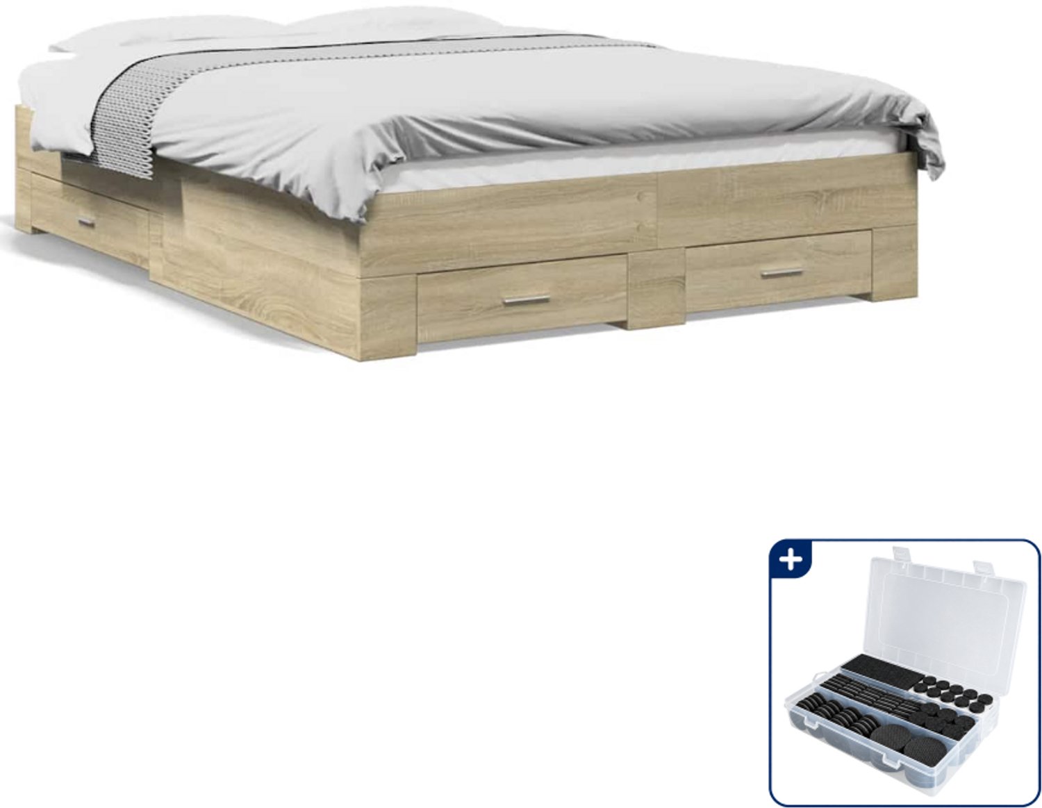 vidaXL bedframe met lades - 135 x 190 cm - bewerkt hout - sonoma eiken - Inclusief antikrasvilt 177-delig