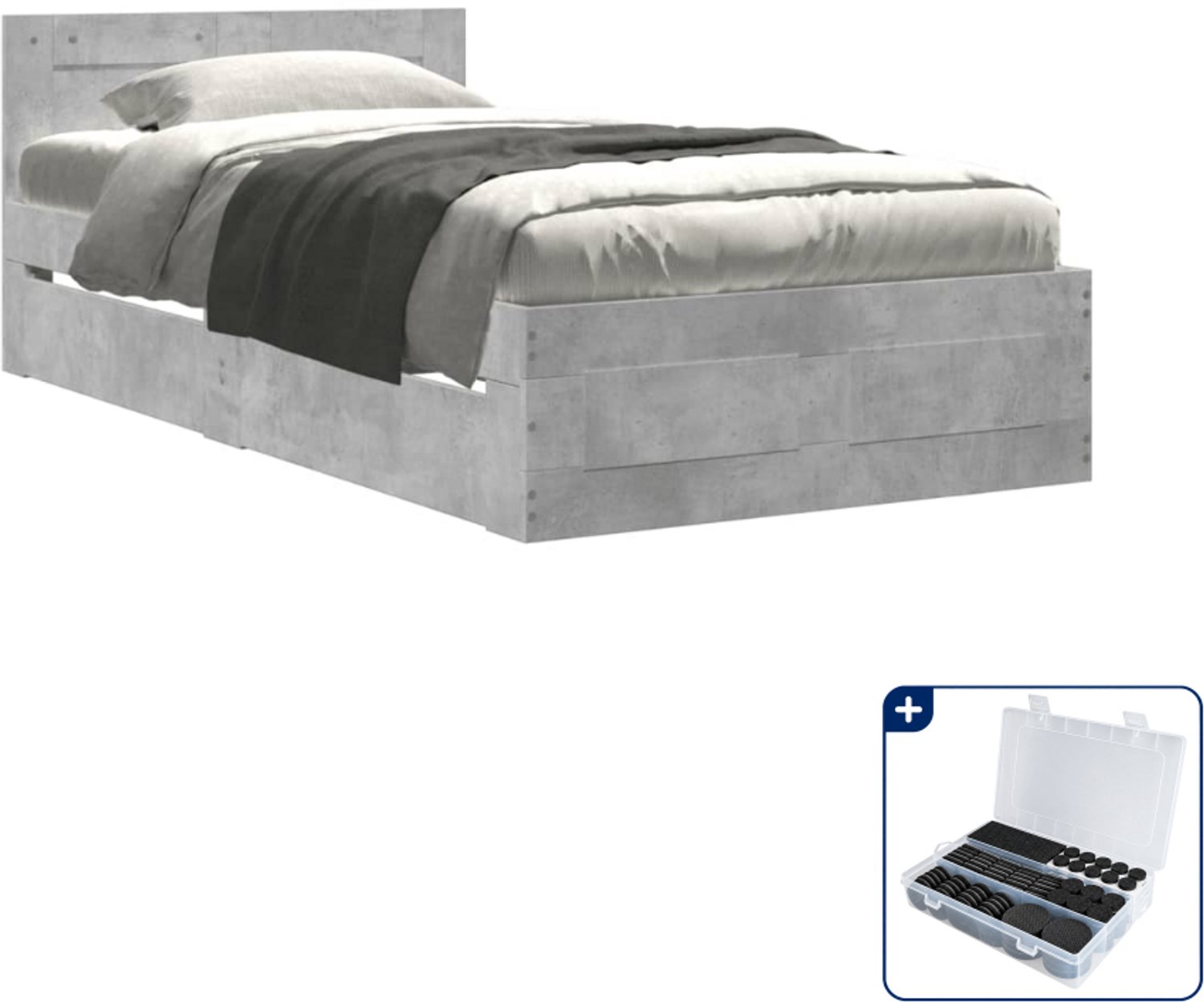 vidaXL bedframe met hoofdeinde - 90 x 200 cm - bewerkt hout - betongrijs - Inclusief antikrasvilt 177-delig Wit