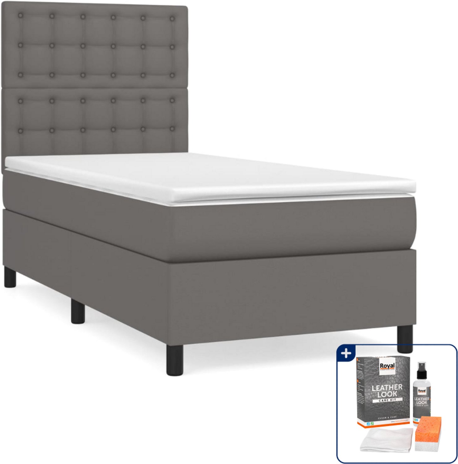 vidaXL boxspring met matras 90 x 190 cm - kunstleer - grijs - Inclusief onderhoudsset voor kunstleer 150 ml