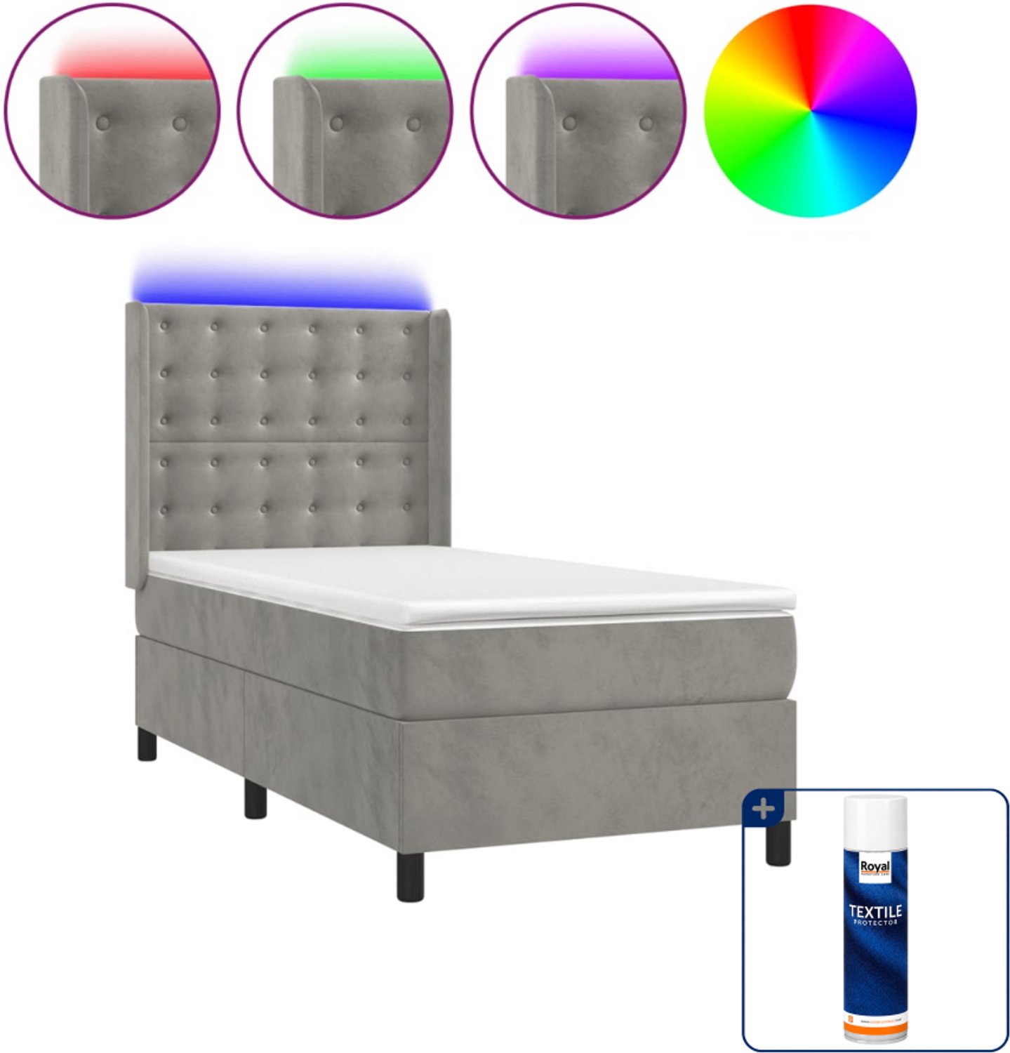 vidaXL boxspring met matras en LED - 90 x 200 cm - fluweel - lichtgrijs - Inclusief textielbeschermer 500 ml