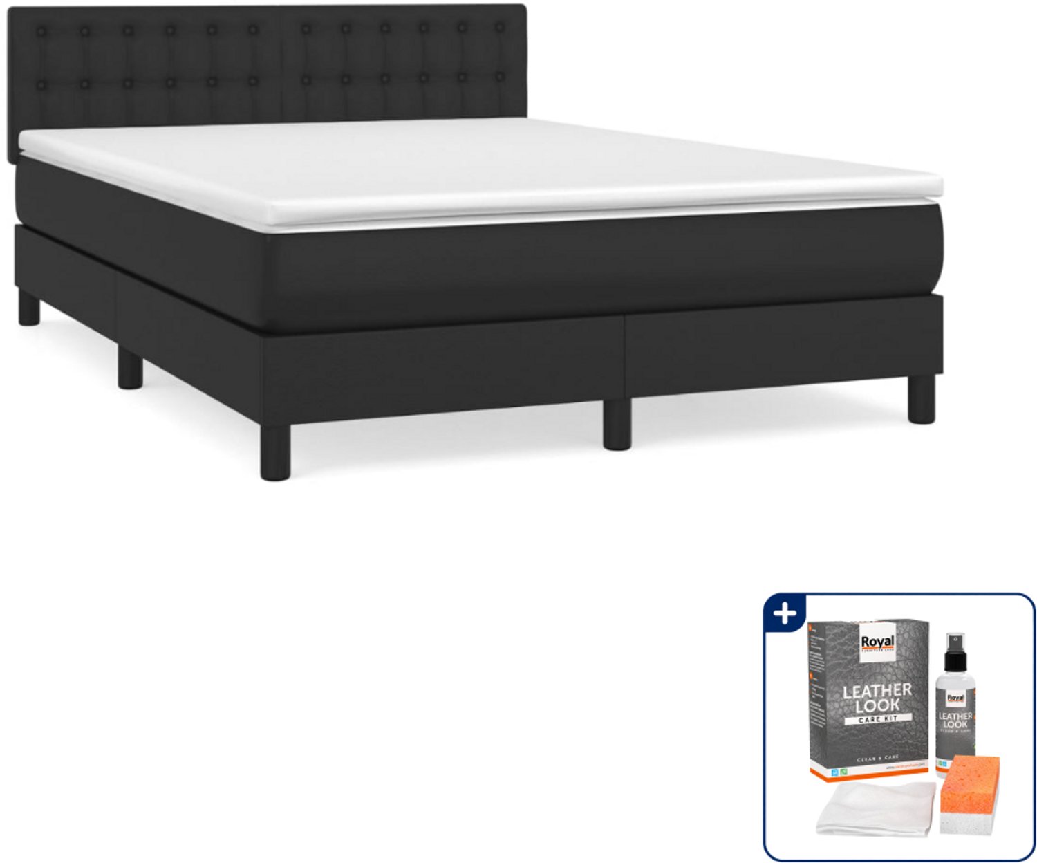 vidaXL boxspring met matras 140 x 190 cm - kunstleer - zwart - Inclusief onderhoudsset voor kunstleer 150 ml