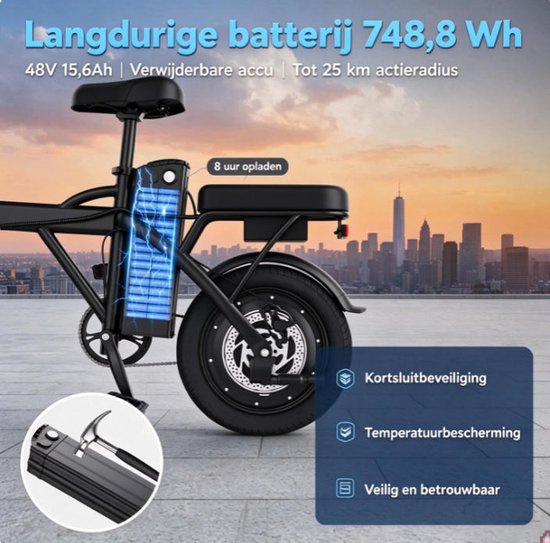 JUICEASE X14-H Fiets Elektrisch – Motor 250W – 48V 15.6Ah –Tot 25 km – 15 km/u – 14” Luchtbanden – voorvering – schijfrem + elektronische rem – koplamp en achterlicht — afbeelding 4