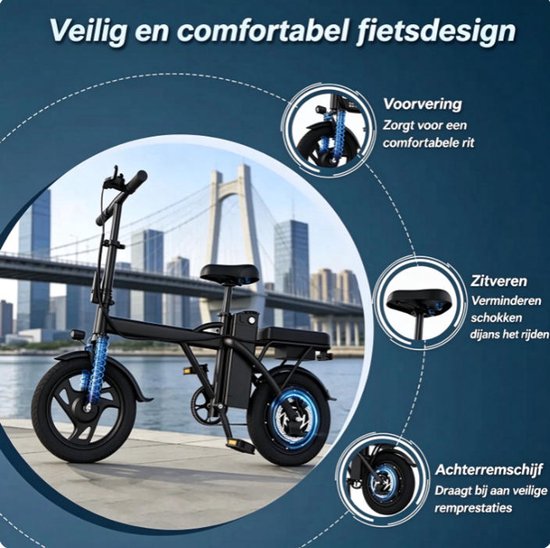 JUICEASE X14-H Fiets Elektrisch – Motor 250W – 48V 15.6Ah –Tot 25 km – 15 km/u – 14” Luchtbanden – voorvering – schijfrem + elektronische rem – koplamp en achterlicht — afbeelding 2