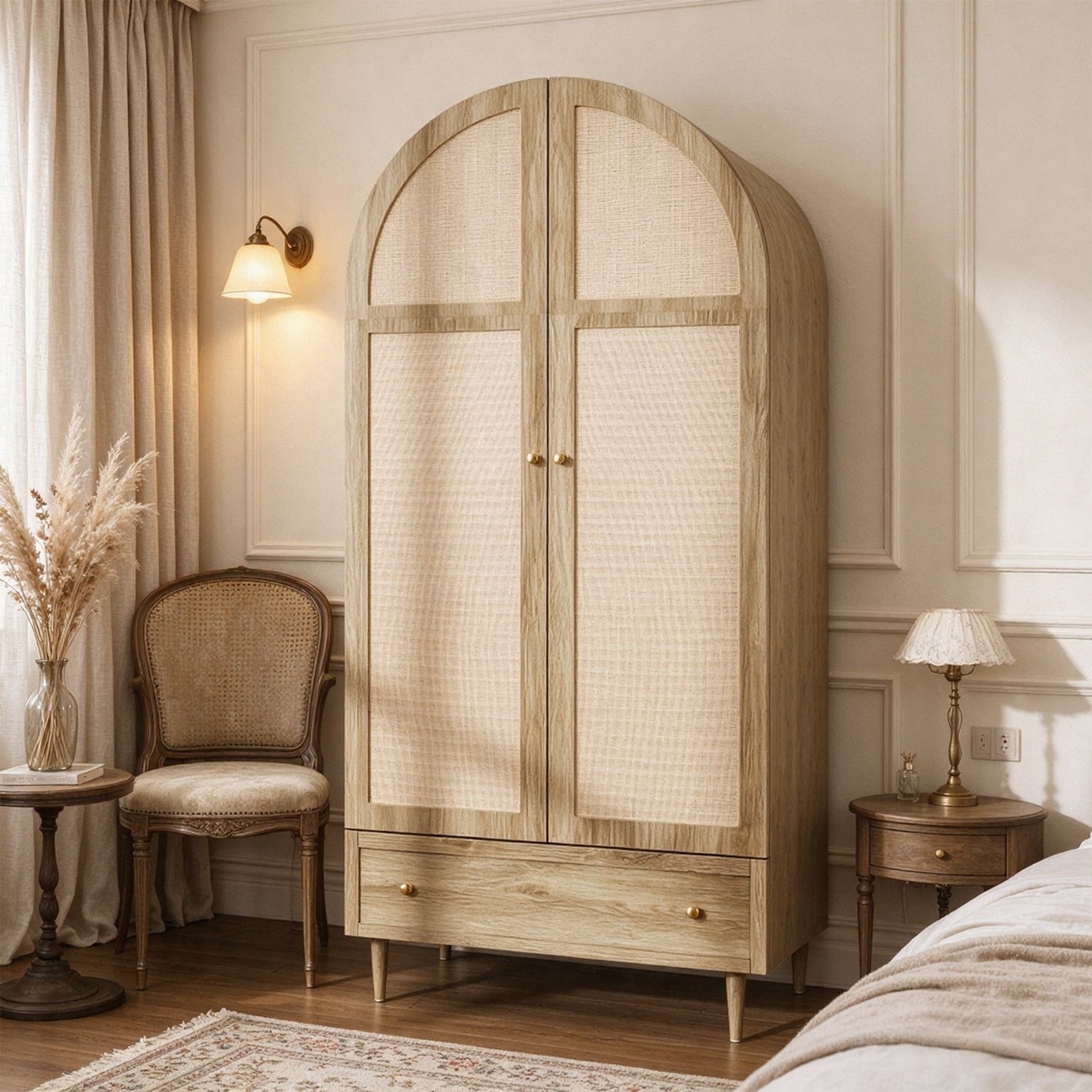 Vovtenza Kleiderschrank mit Schubladen - Holztüren mit Leinenstoff-Bezug - großer Stauraum - Garderobenschrank für Schlafzimmer - moderne Aufbewahrungslösung eik