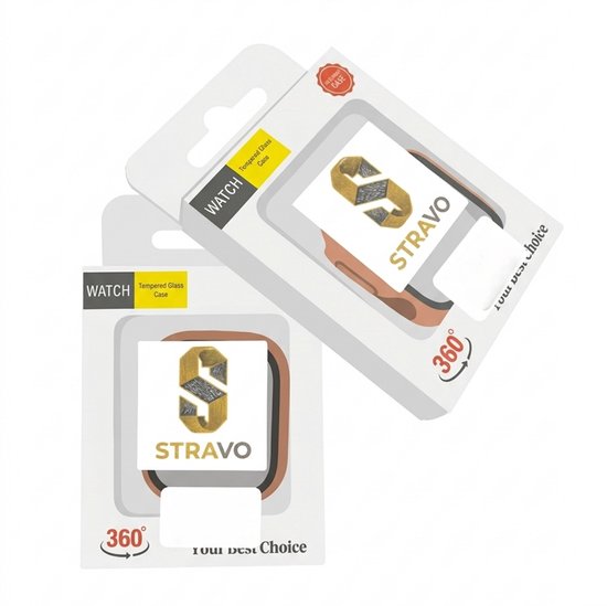 Twee verpakkingen Stravo 360-graden tempered glass horlogekastjes voor Apple Watch.