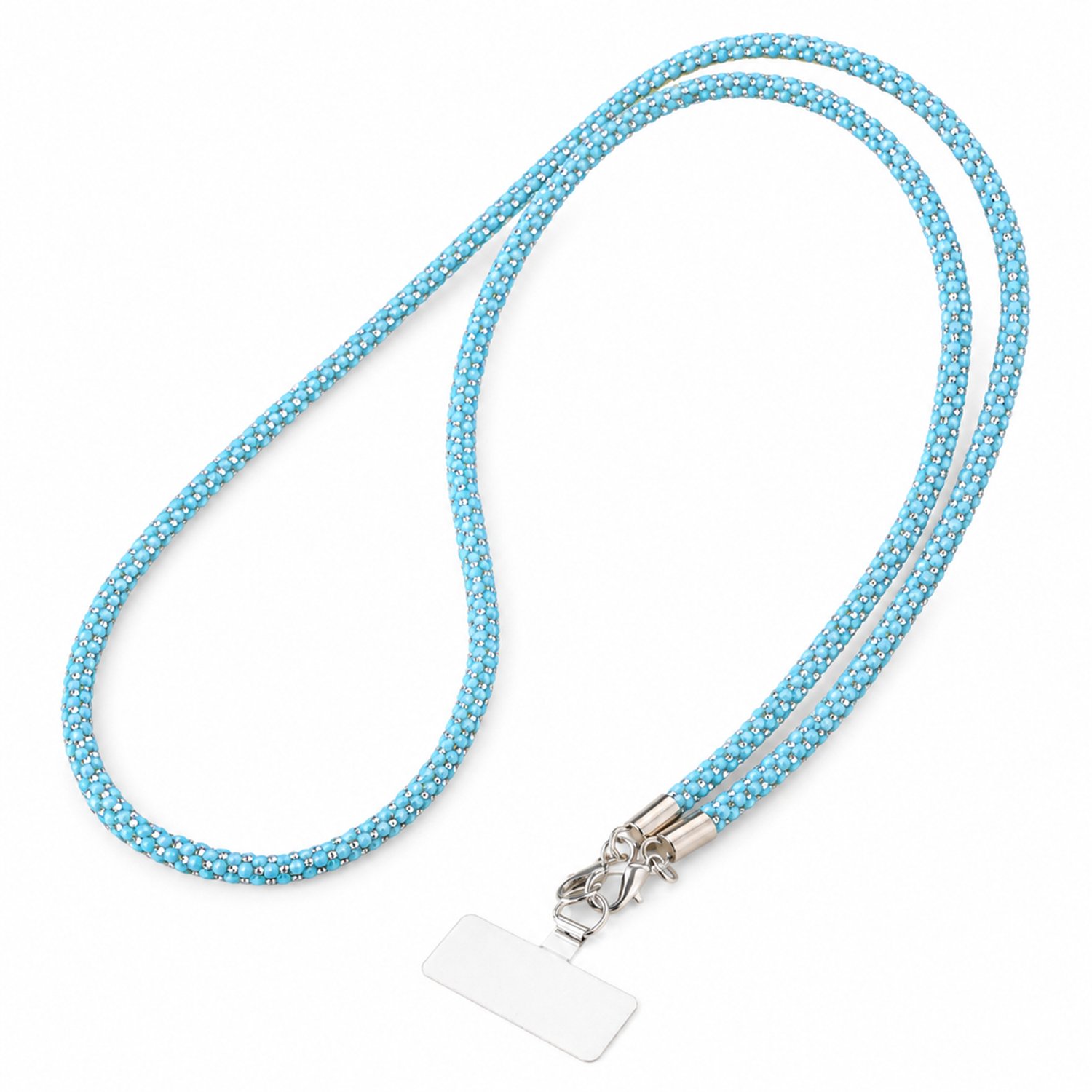 Telefoonkoord voor crossbodygebruik - meerblauw met strass, 2 metalen karabijnsluitingen en bevestigingsplaatje, afzonderlijk verpakt