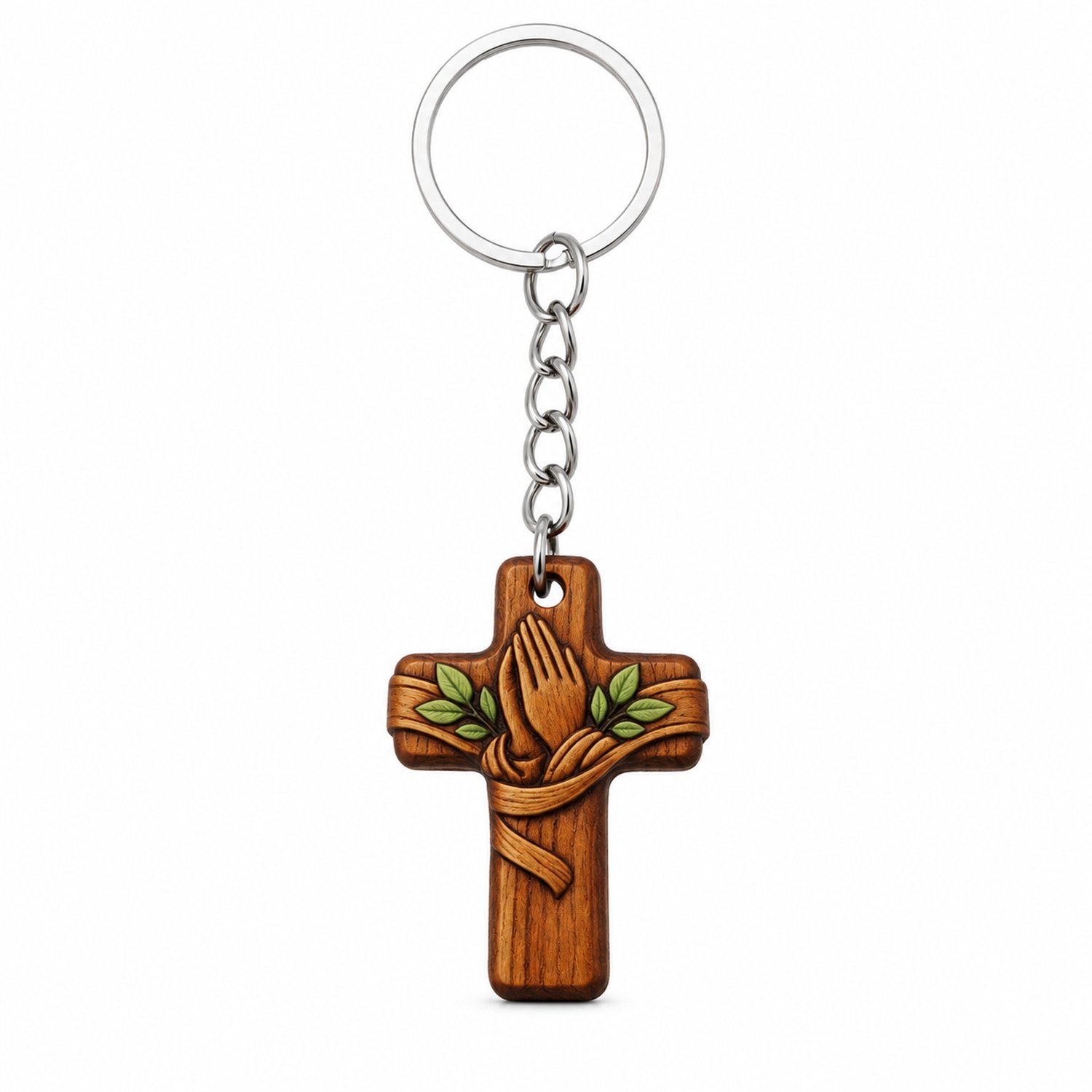 Sleutelhanger met houten kruis, 9.4 cm, sleutelring en korte ketting, 1 stuk, gemengde uitvoering