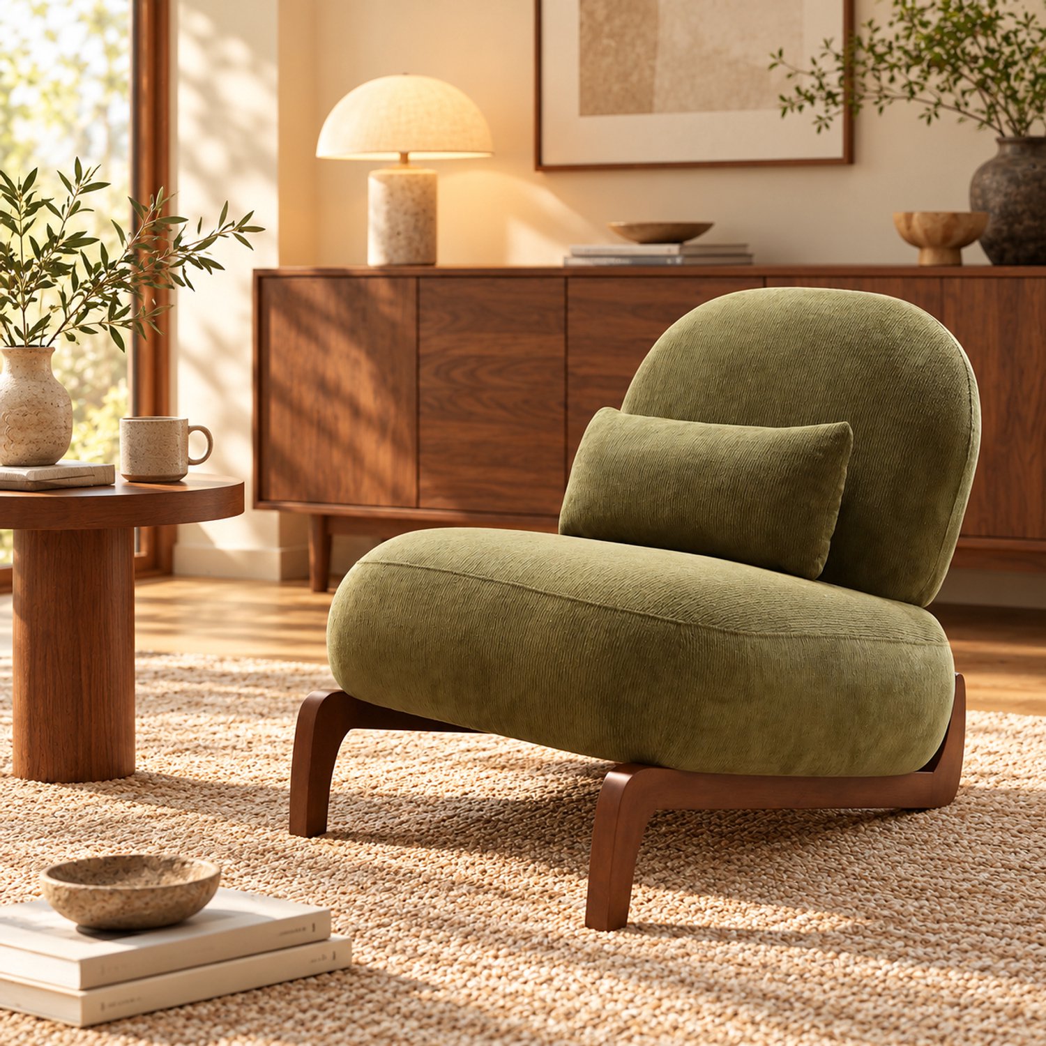 Mulder Living Fauteuil - Relaxfauteuil - Leesstoel zonder armleuningen - Comfortabele TV-stoel - Massief houten stoelpoten - Inclusief zitkussen - Zachte stof - Geschikt voor de woonkamer, slaapkame - Groente