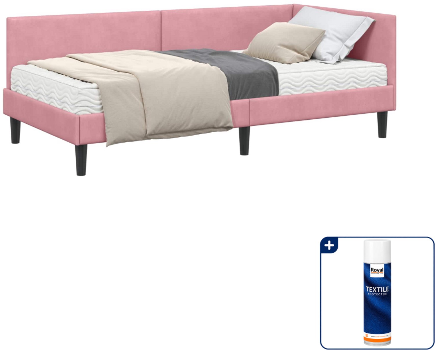 vidaXL hoekbedframe met matras - 90 x 190 cm - fluweel - roze - Inclusief textielbeschermer 500 ml Zwart
