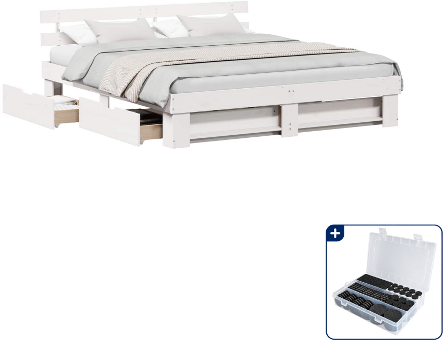 vidaXL Bedframe met lades - Kingsize - 180 x 200 cm - wit - Inclusief antikrasvilt 177-delig