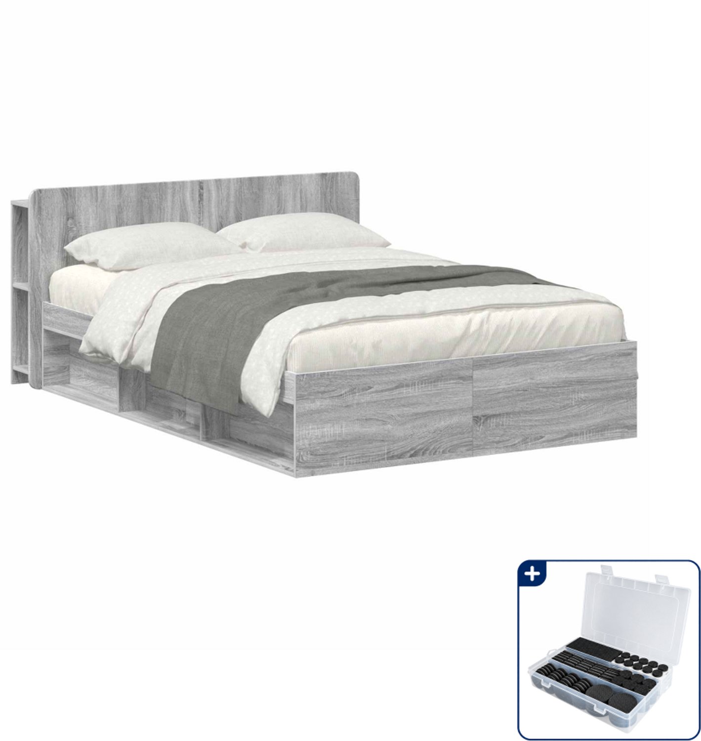 vidaXL bedframe met opslag - 140 x 190 cm - bewerkt hout - grijs sonoma - Inclusief antikrasvilt 177-delig