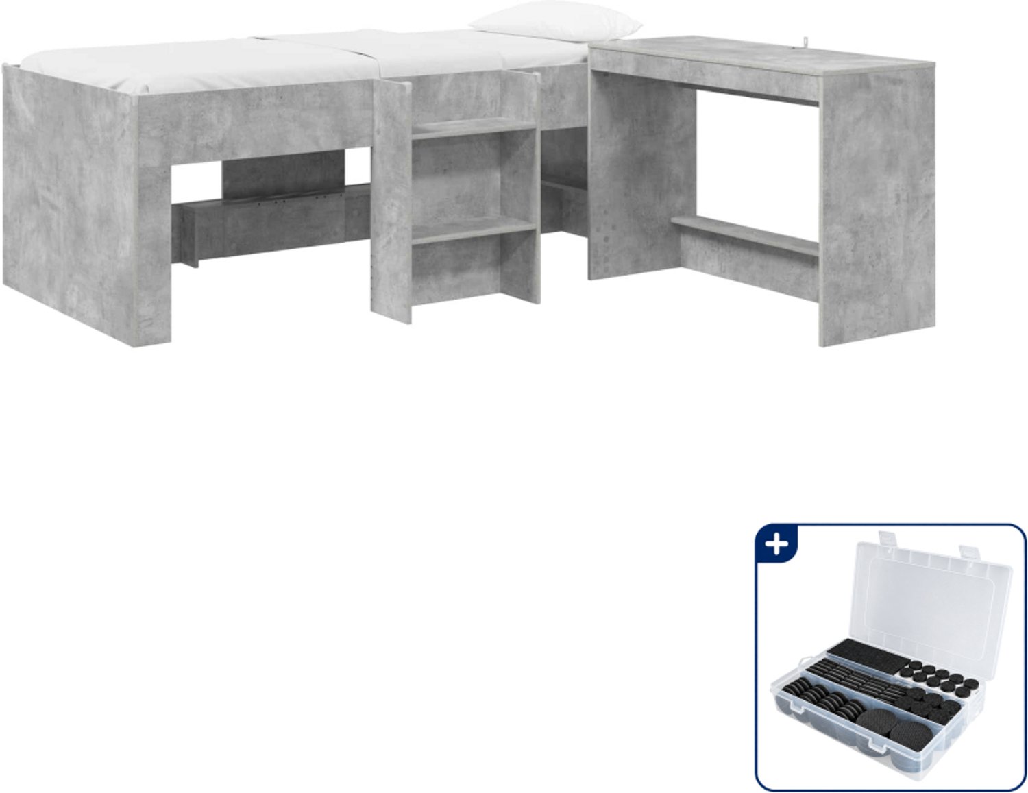 vidaXL hoogslaper met bureau - 75 x 190 cm - bewerkt hout - betongrijs - Inclusief antikrasvilt 177-delig