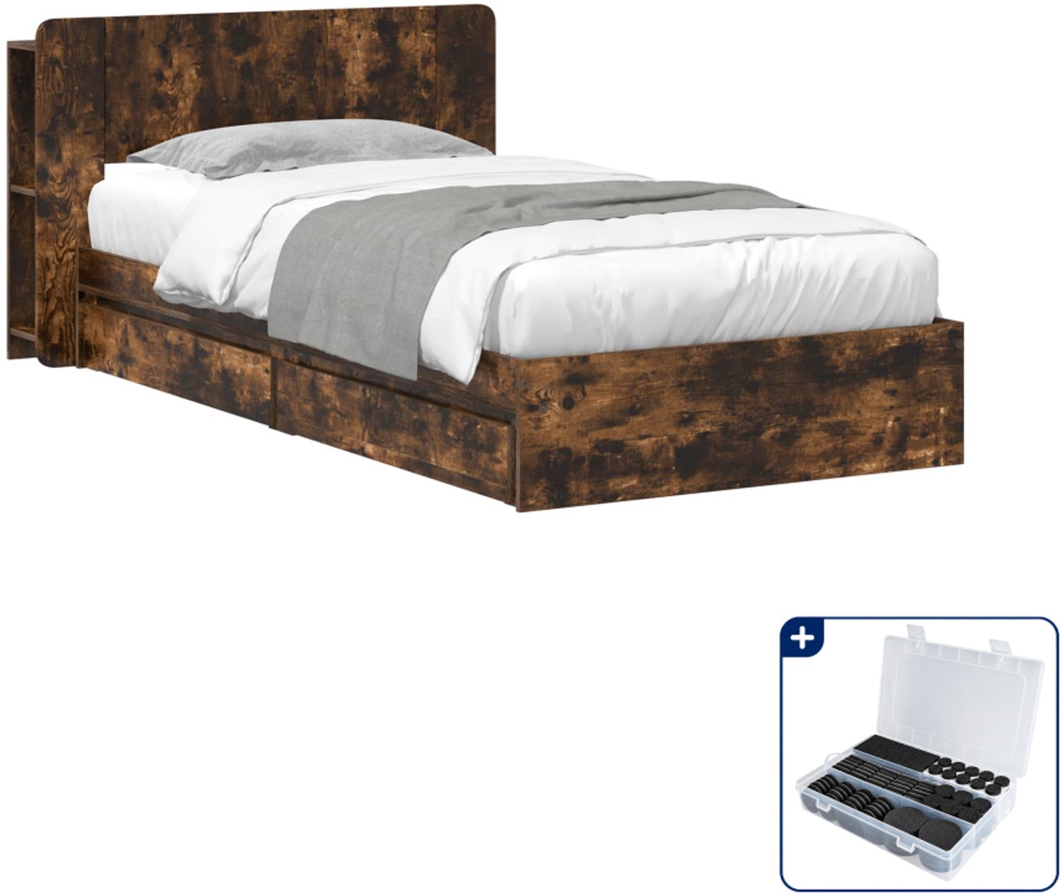 vidaXL bedframe met opslag - 100 x 200 cm - bewerkt hout - gerookt eiken - Inclusief antikrasvilt 177-delig Bruin