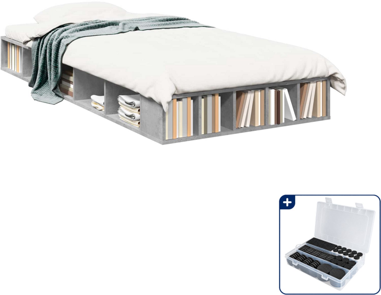 vidaXL bedframe met opbergruimte - 80 x 200 cm - bewerkt hout - grijs - Inclusief antikrasvilt 177-delig