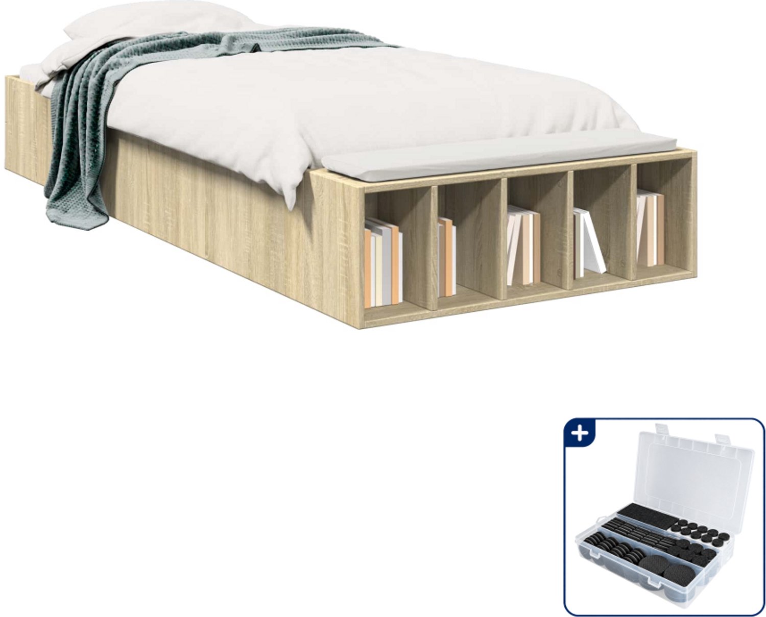 vidaXL bedframe met opslag - 80 x 200 cm - bewerkt hout - sonoma eiken - Inclusief antikrasvilt 177-delig Bruin