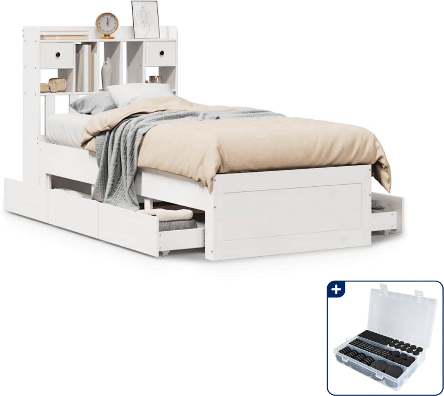 vidaXL bed met boekenkast - 90 x 200 cm - massief grenenhout - wit - Inclusief antikrasvilt 177-delig Bruin