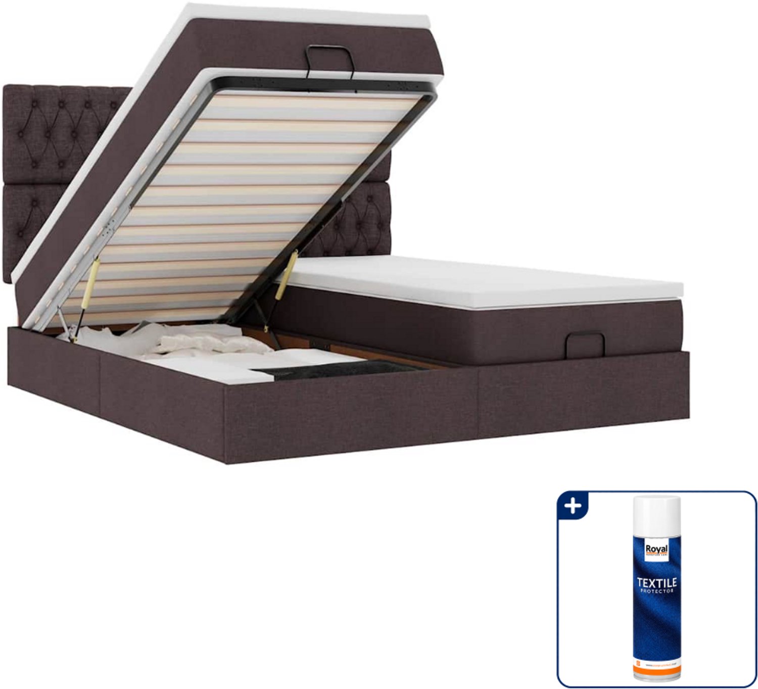 vidaXL Kingsize ottoman bed met matrassen - 180 x 200 cm - stof - donkerbruin - Inclusief textielbeschermer 500 ml Blauw