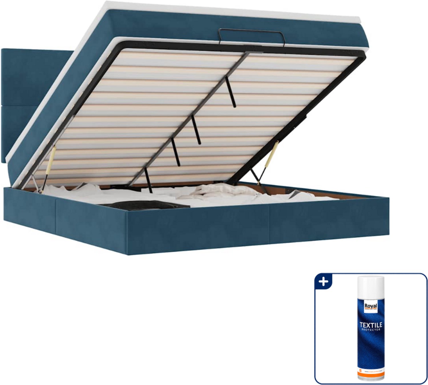 vidaXL Kingsize ottoman bed met matrassen - 180 x 200 cm - donkerblauw - Inclusief textielbeschermer 500 ml Grijs