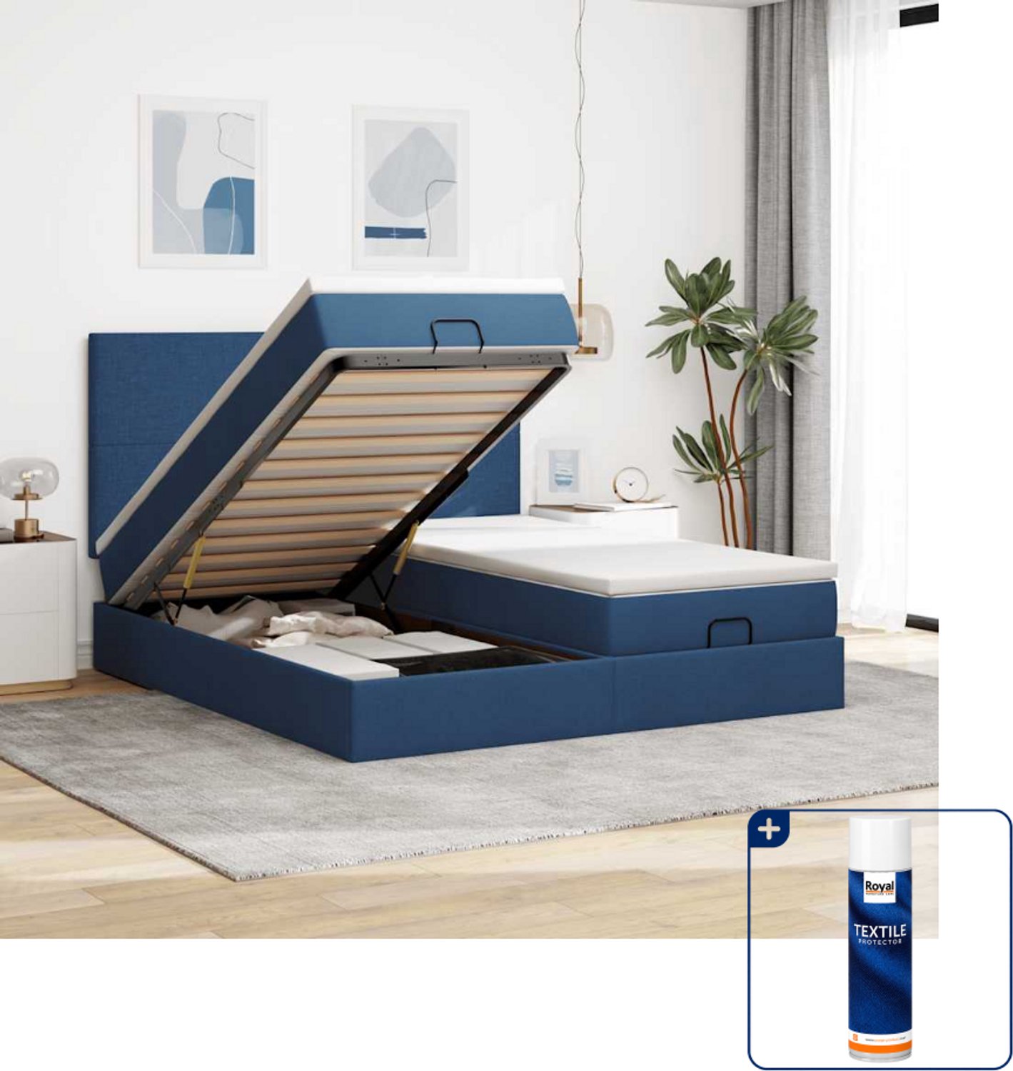 vidaXL Ottoman bed Kingsize - 180 x 200 cm - blauw - Inclusief textielbeschermer 500 ml Bruin