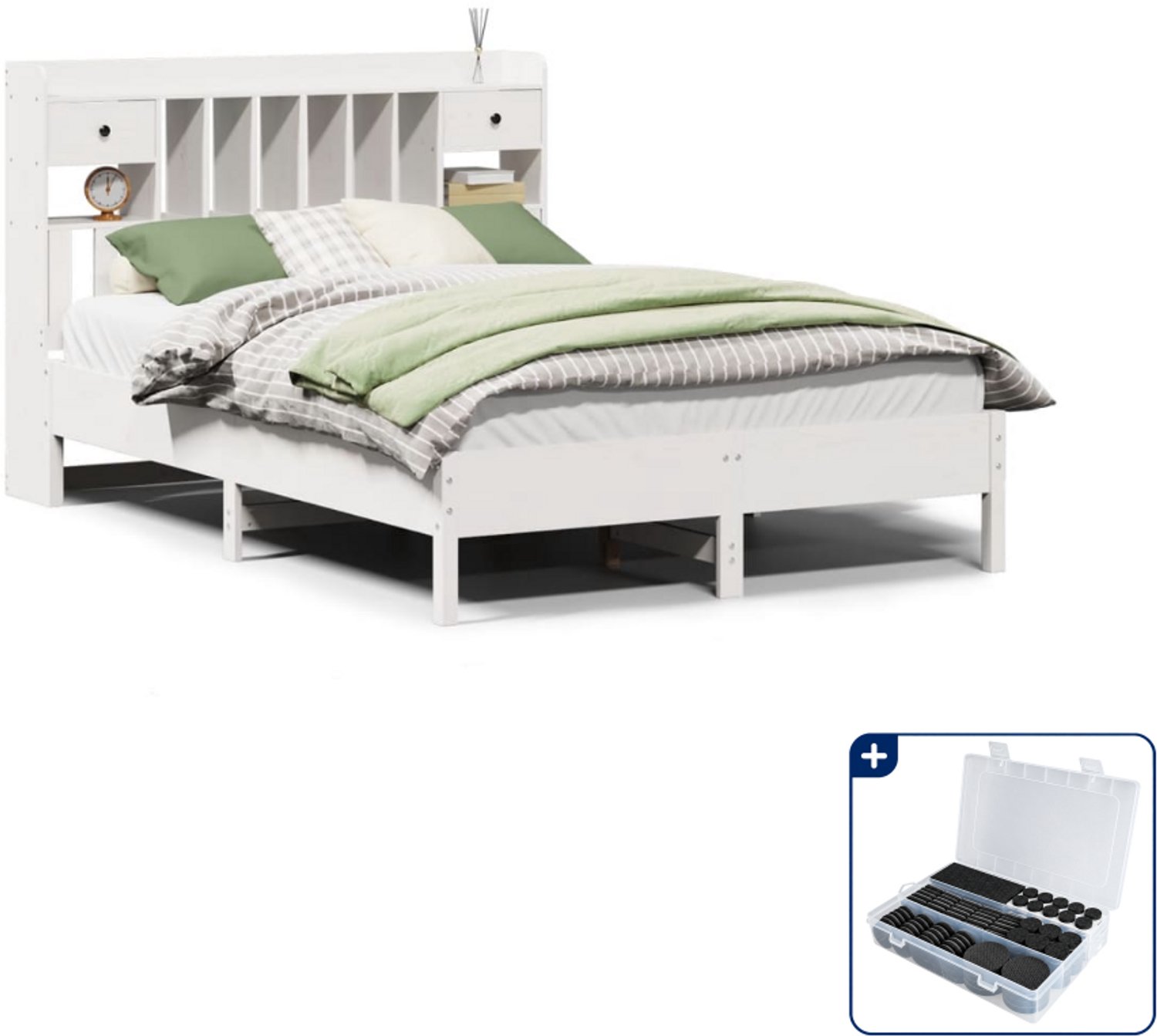 vidaXL bed met boekenkast - Small double 140 x 200 cm - wit - Inclusief antikrasvilt 177-delig Bruin