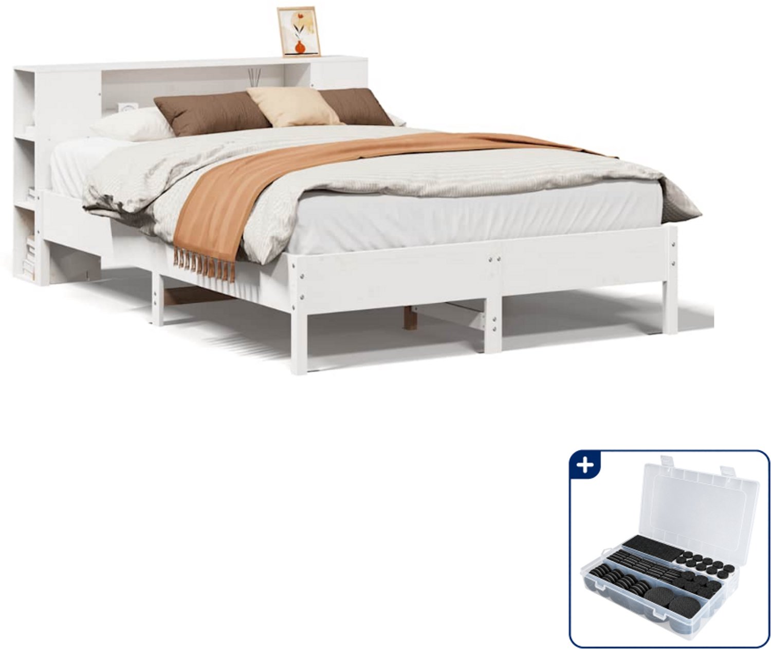 vidaXL bed met boekenkast - 140 x 190 cm - massief grenenhout - wit - Inclusief antikrasvilt 177-delig Zwart