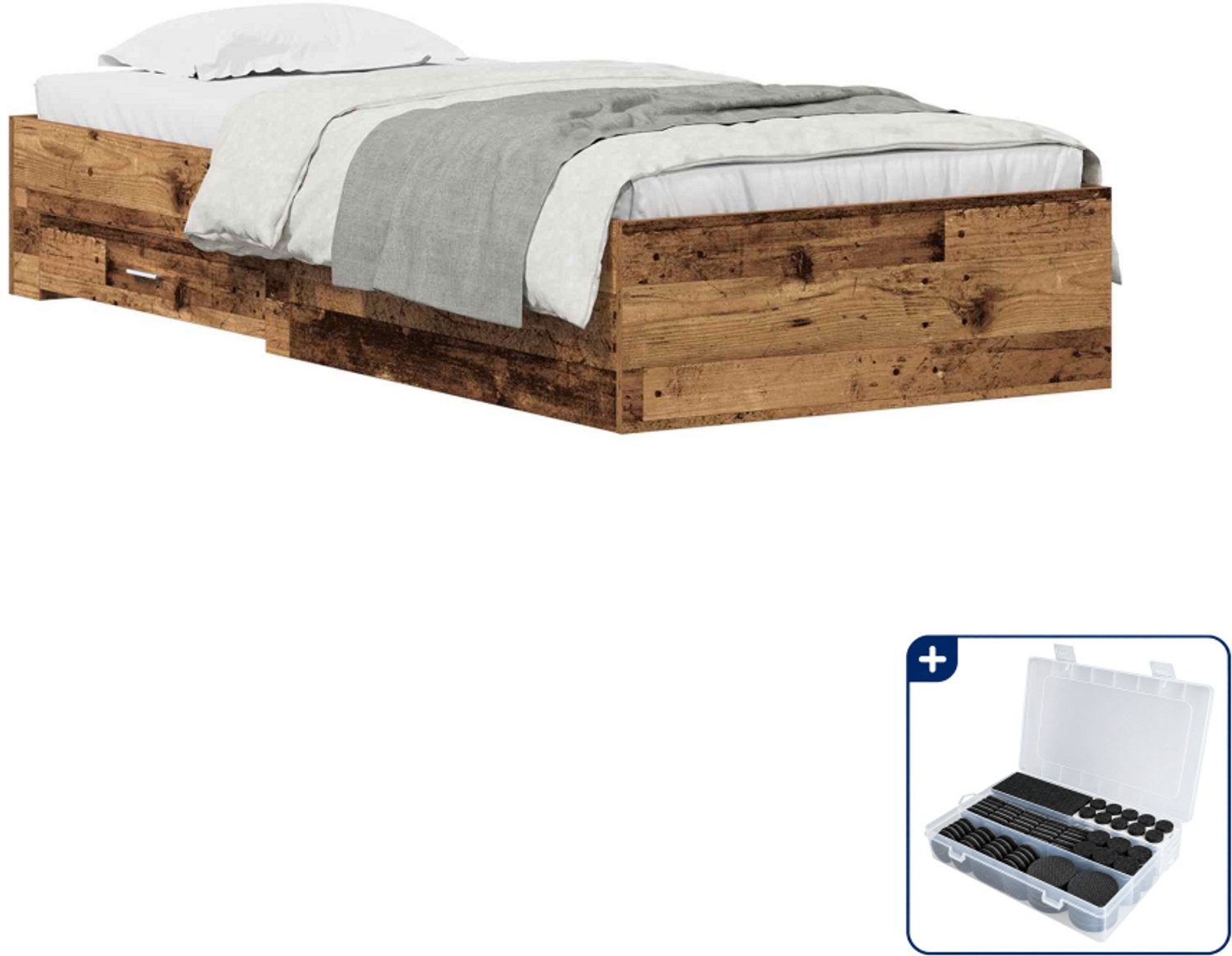vidaXL bedframe met opberglade - 90 x 190 cm - bewerkt hout - oud hout - Inclusief antikrasvilt 177-delig Grijs