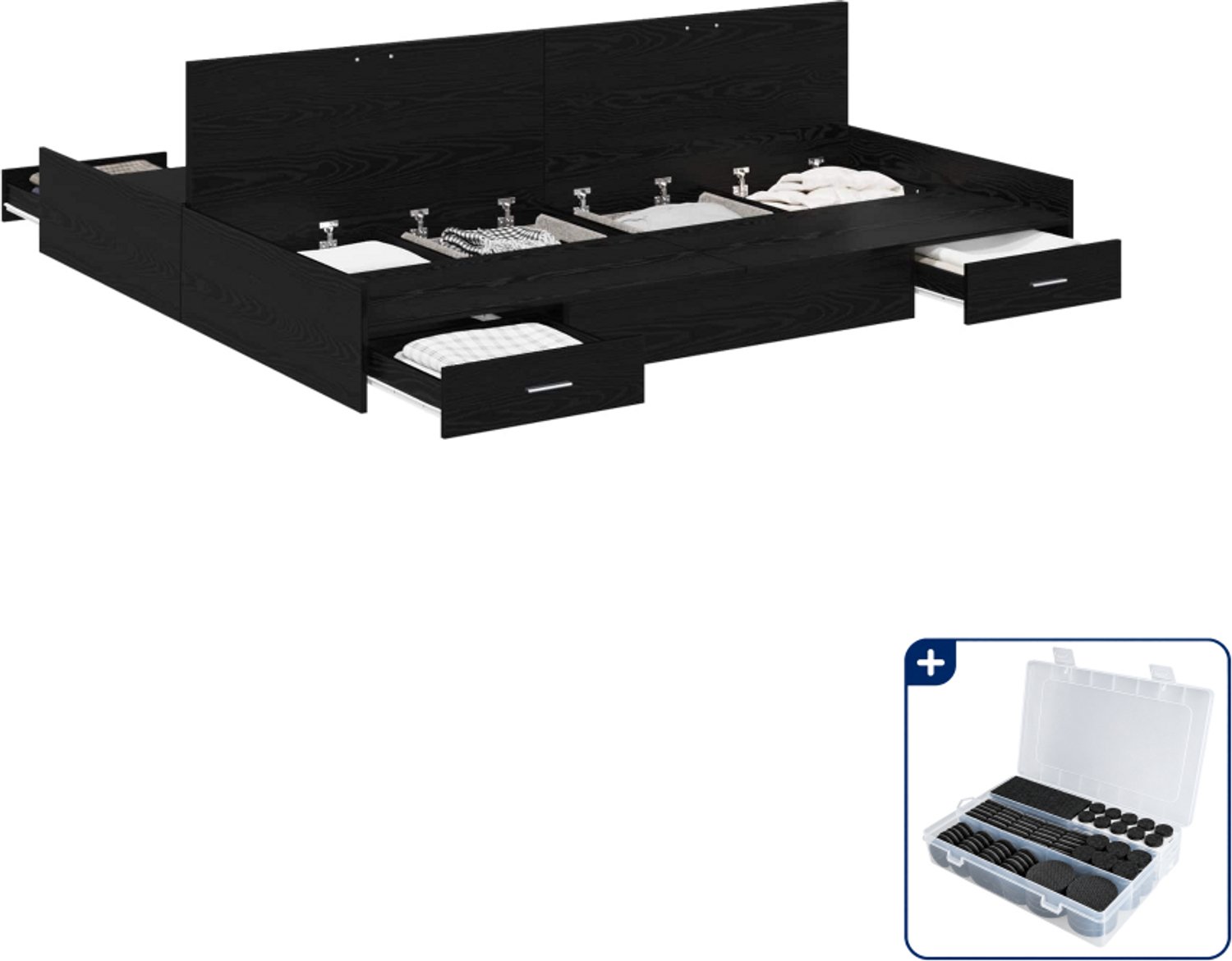vidaXL Kingsize opbergbedframe - 180 x 200 cm - zwart eiken - Inclusief antikrasvilt 177-delig