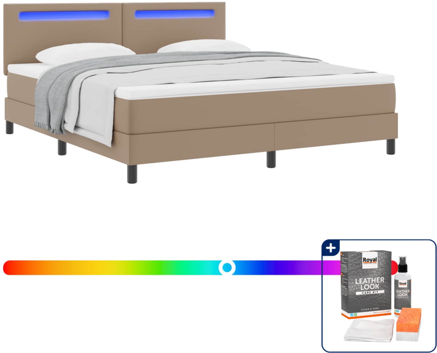 vidaXL boxspringbed Kingsize - 180 x 200 cm - kunstleer - cappuccino - Inclusief onderhoudsset voor kunstleer 150 ml Bruin