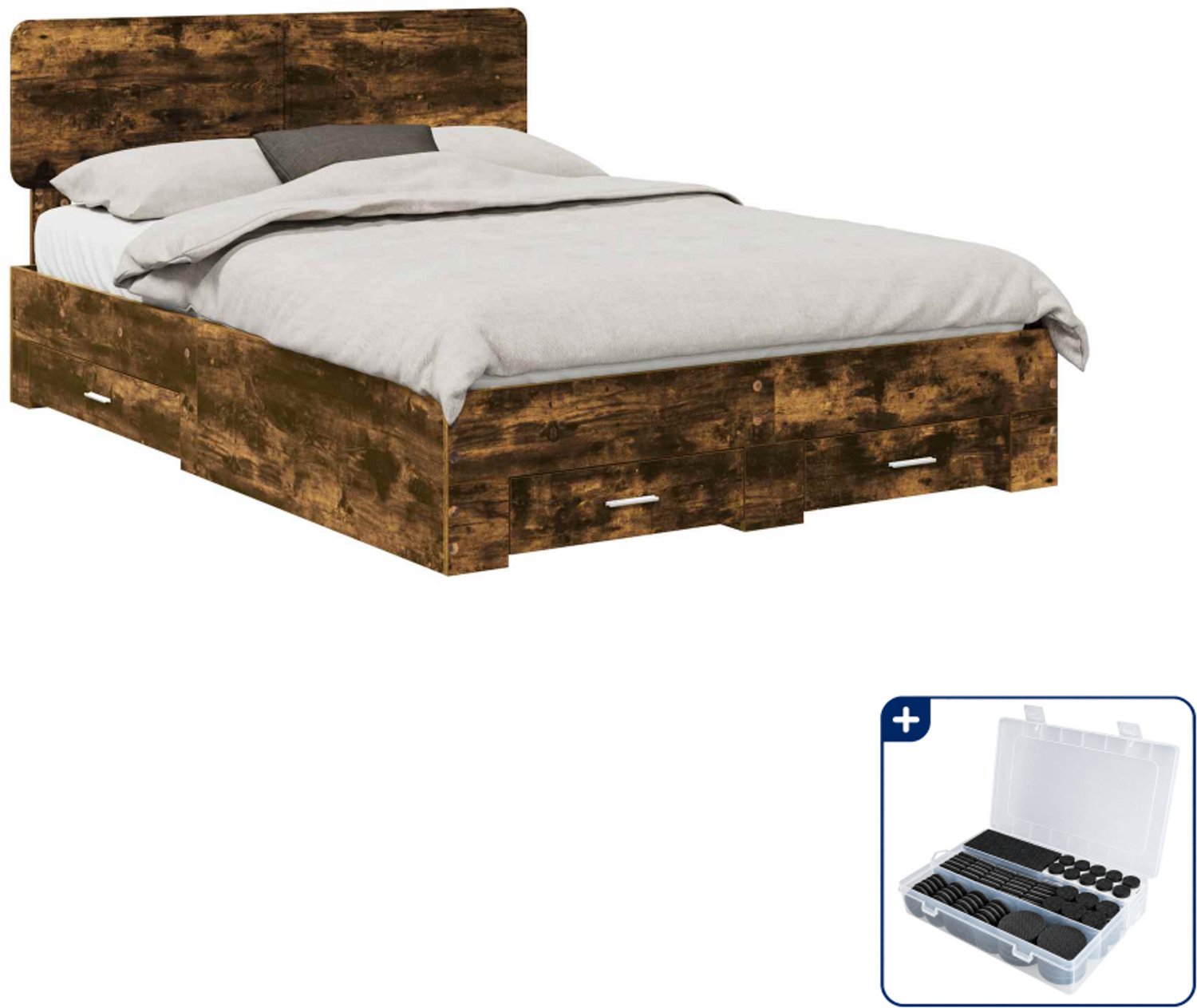 vidaXL bedframe met lade - Small double 140 x 200 cm - bewerkt hout - gerookt eiken - Inclusief antikrasvilt 177-delig Grijs
