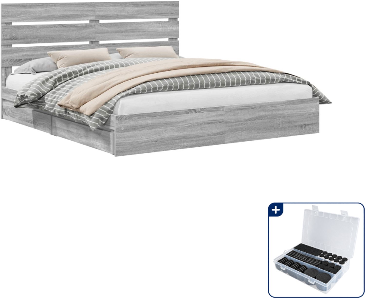 vidaXL opbergbed met lade - Super kingsize - 200 x 200 cm - grijs sonoma - Inclusief antikrasvilt 177-delig