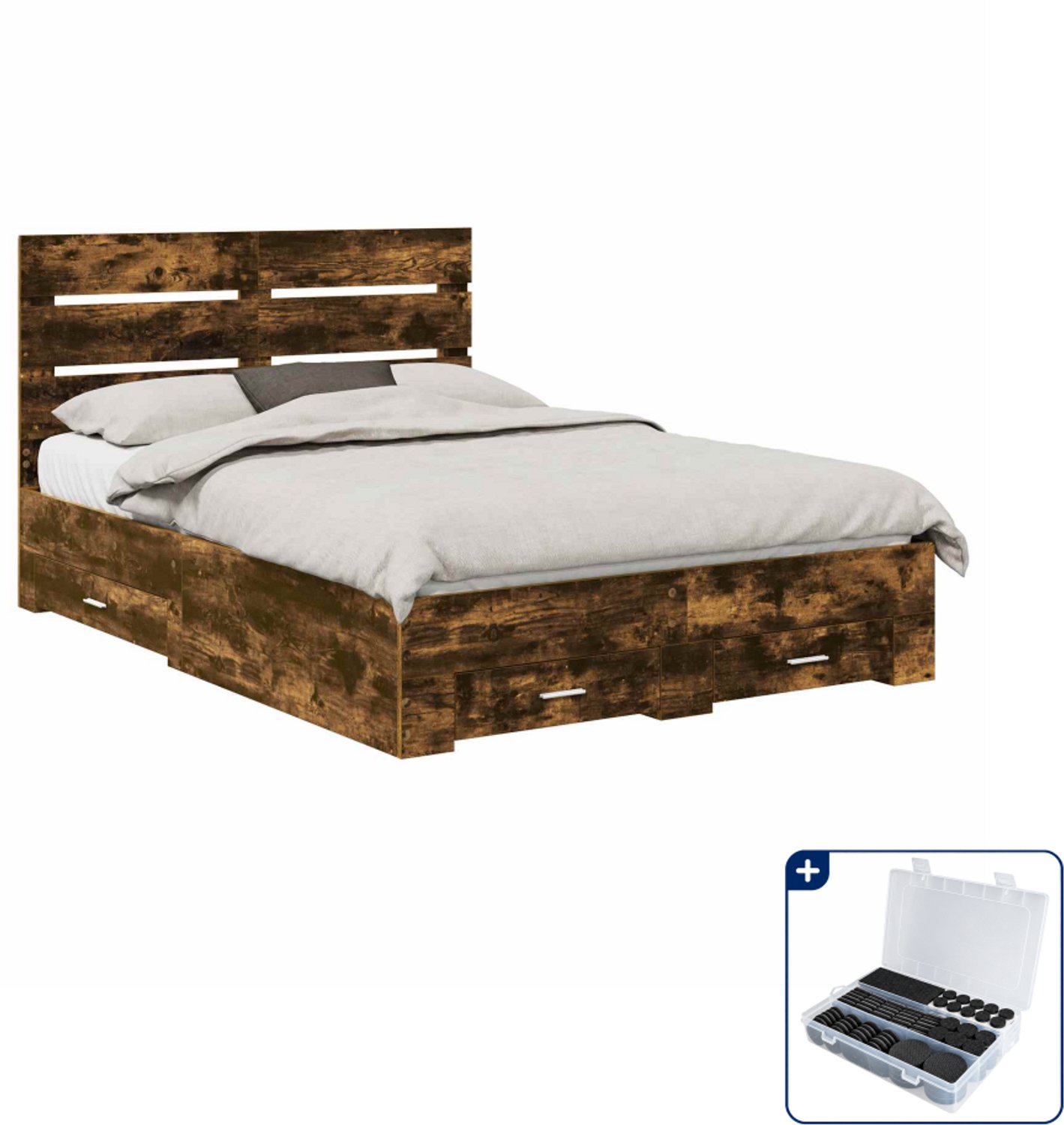 vidaXL Bedframe met lade - 150 x 200 cm - bewerkt hout - gerookt eiken - Inclusief antikrasvilt 177-delig