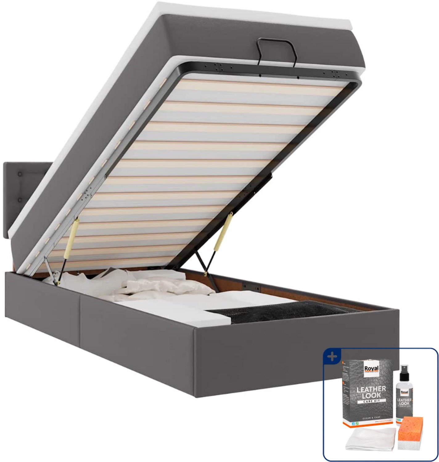 vidaXL ottoman bed met matrassen en led - 100 x 200 cm - grijs - Inclusief onderhoudsset voor kunstleer 150 ml