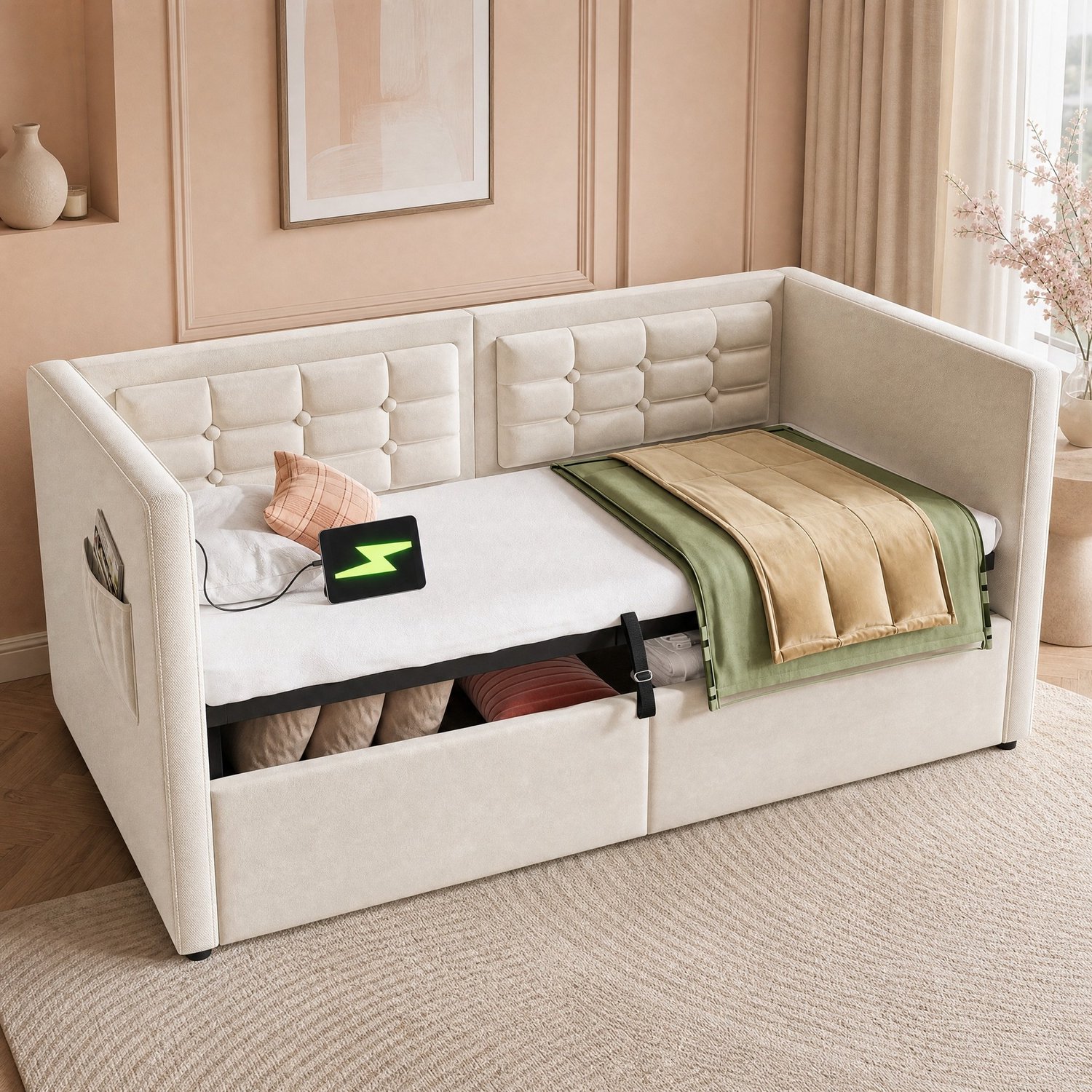 Maisentiel Beige eenpersoons slaapbank 90 x 200 cm met opbergruimte, laadstation en lattenbodem
