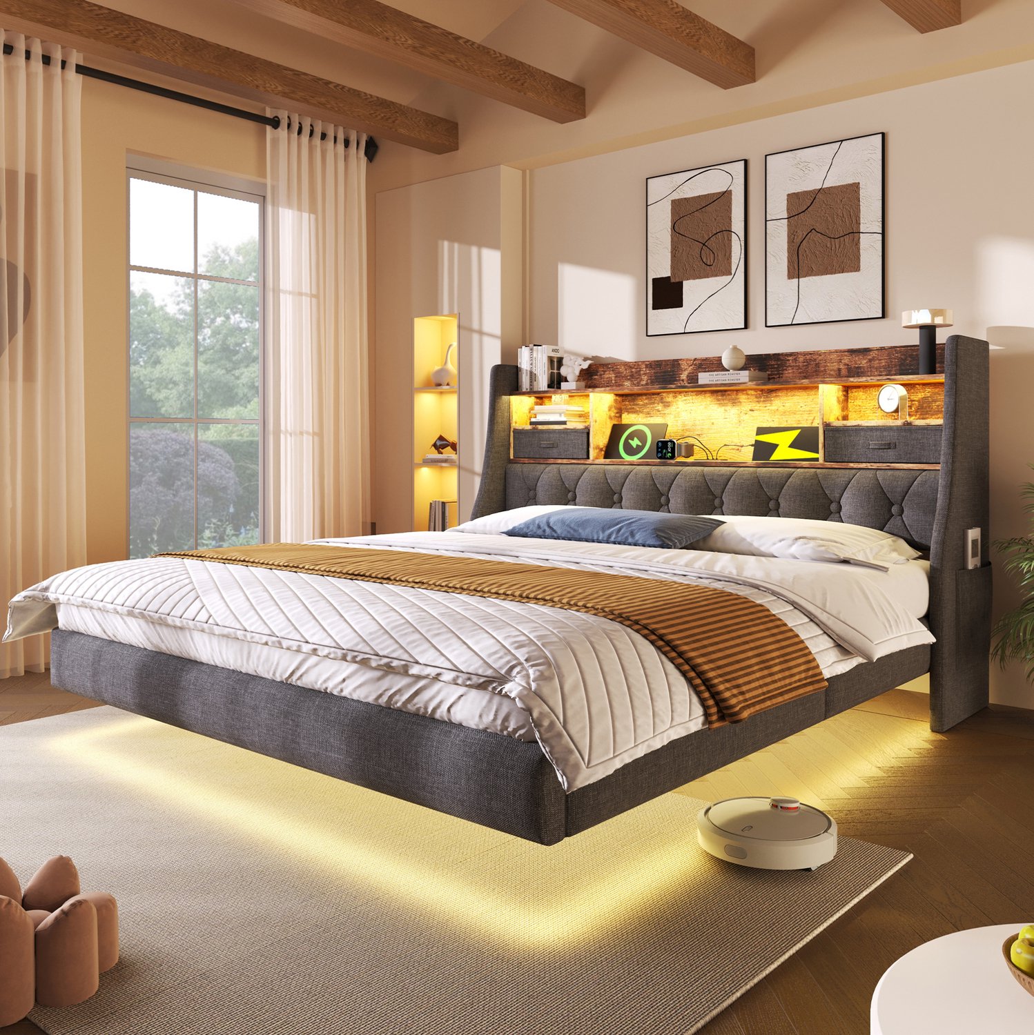 Maisentiel Gestoffeerd tweepersoonsbed 180 x 200 cm - grijs - LED, opberghoofdbord en lattenbodem