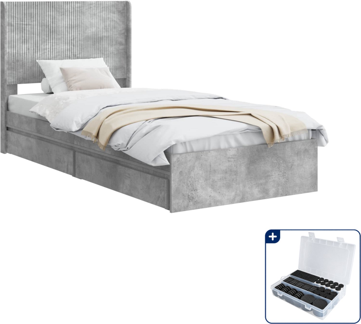 vidaXL bedframe met opbergruimte - 90 x 190 cm - bewerkt hout - grijs - Inclusief antikrasvilt 177-delig