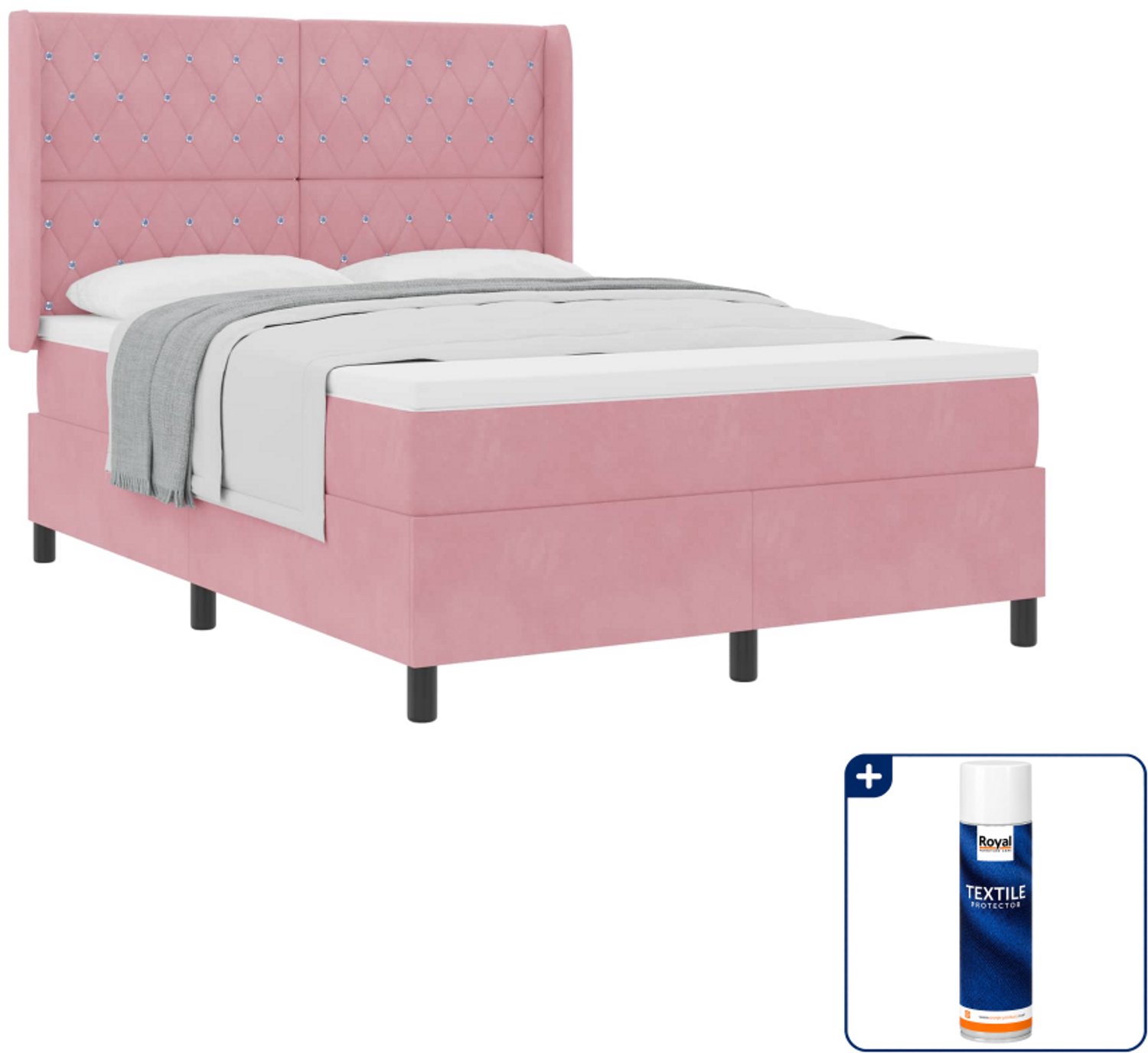 vidaXL boxspringbed 140 x 190 cm - fluweel - roze - Inclusief textielbeschermer 500 ml