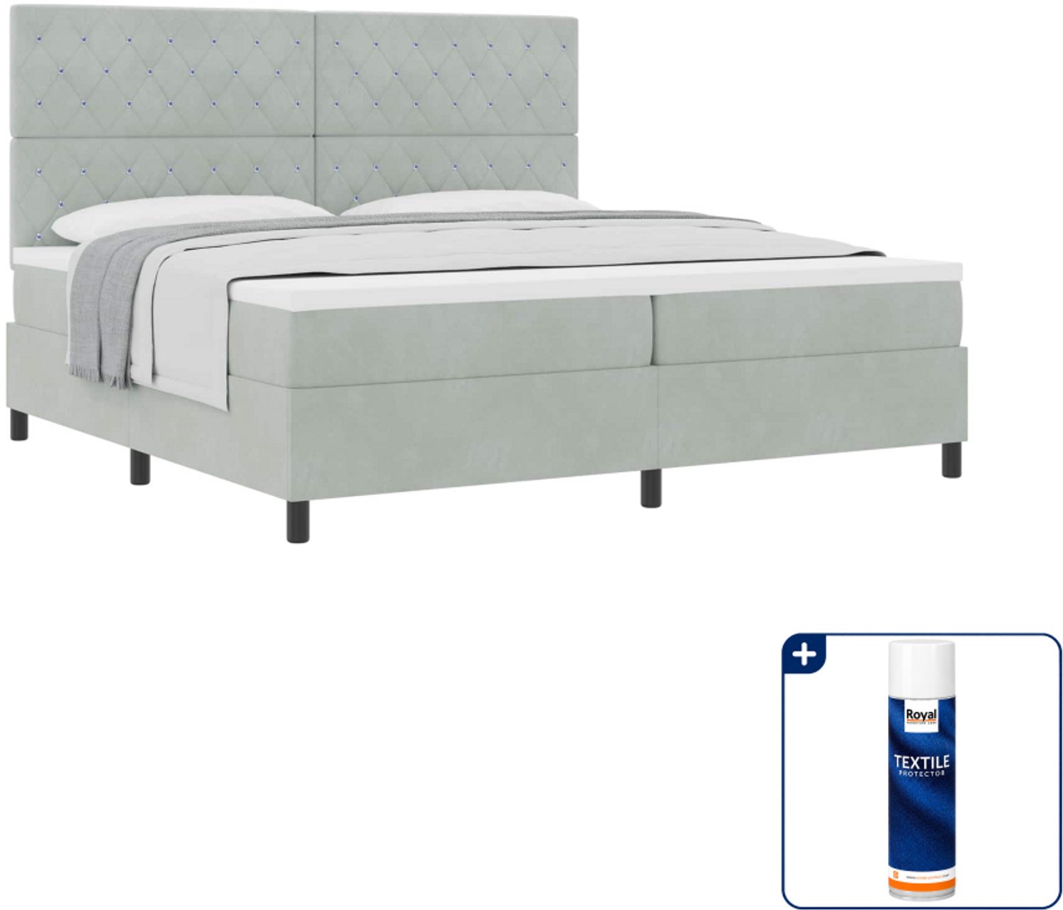 vidaXL boxspringbed met matras - 200 x 200 cm - fluweel - lichtgrijs - Inclusief textielbeschermer 500 ml