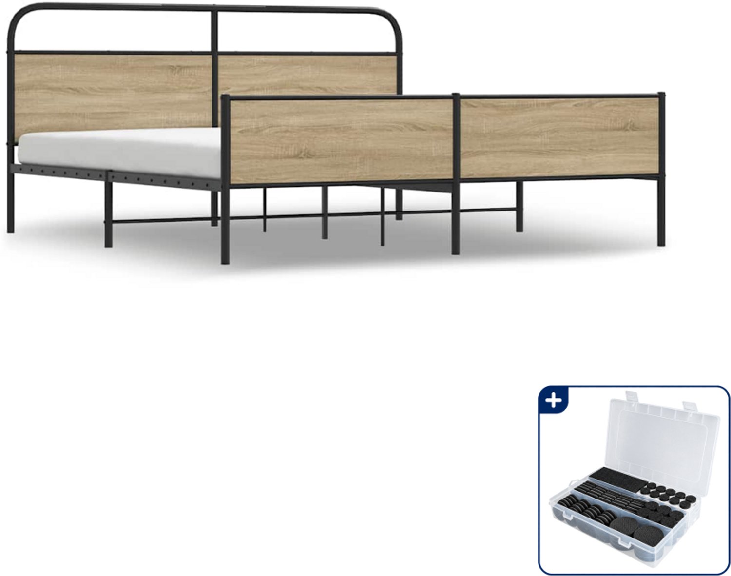 vidaXL bedframe - 193 x 203 cm - metaal en bewerkt hout - gerookt eiken - Inclusief antikrasvilt 177-delig Bruin